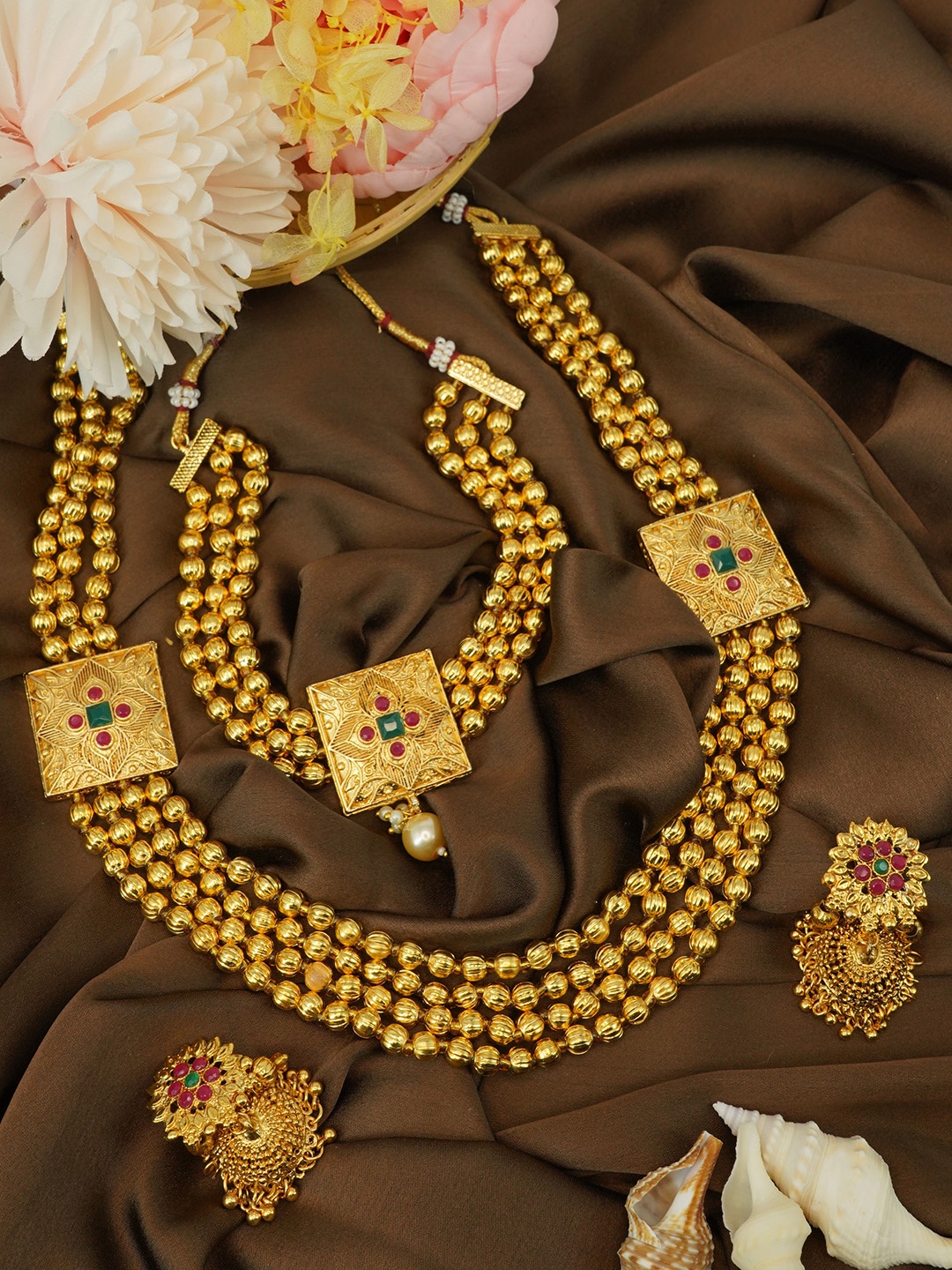 

GRIIHAM Gold-Plated AD Studded & Beaded Jewellery Set
