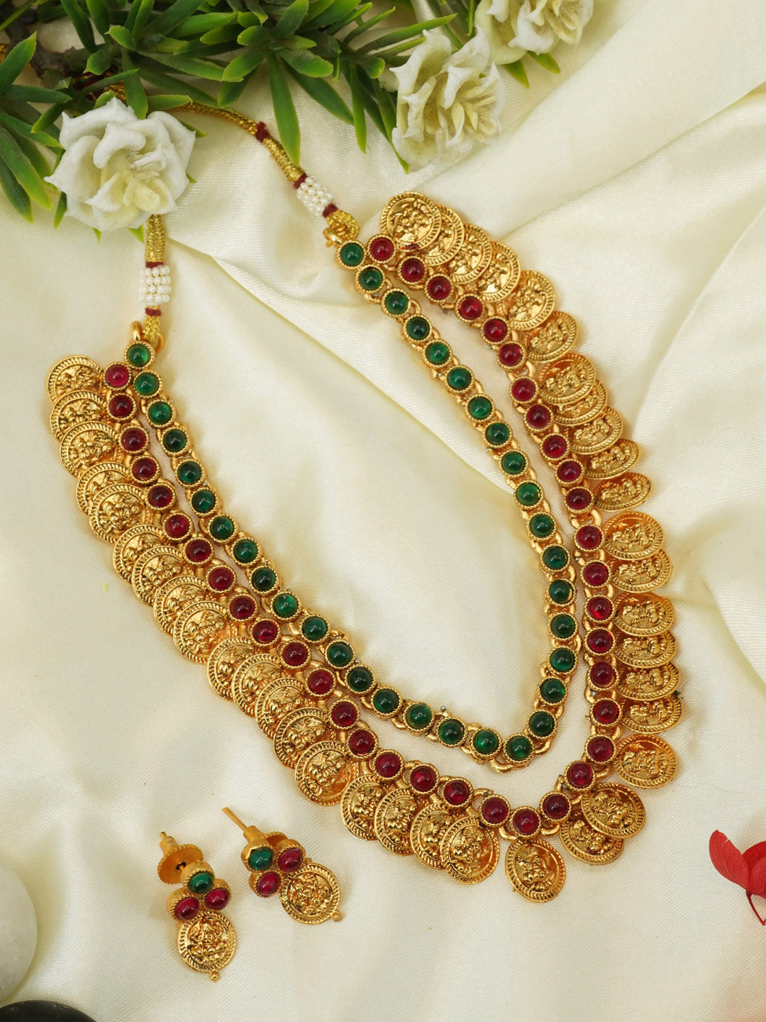 

GRIIHAM Gold-Plated AD Stone-Studded Layered Laxmi Jewellery Set