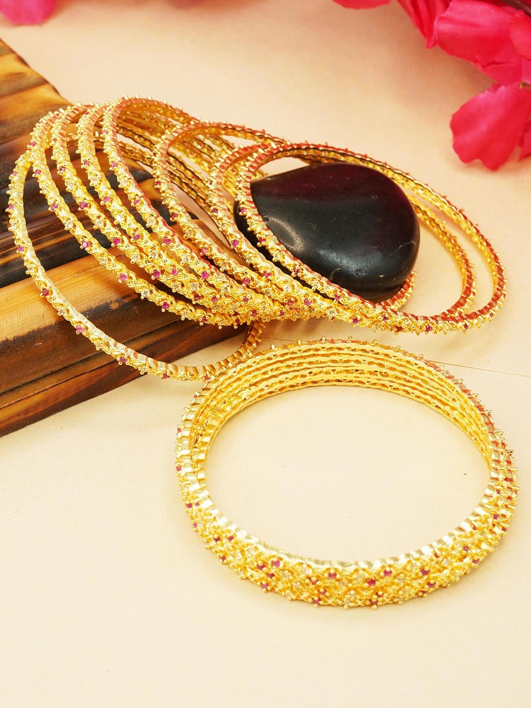 

GRIIHAM Set Of 12 Gold-Plated CZ Stone Studded Bangles