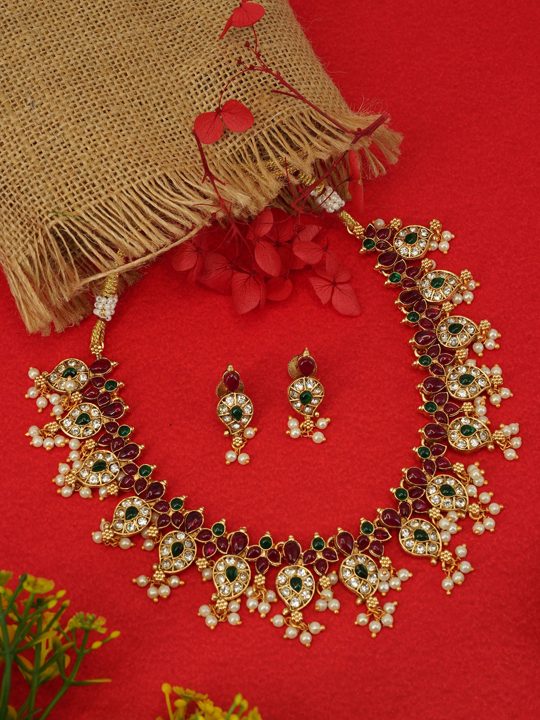 

GRIIHAM Gold-Plated AD Stone-Studded & Pearl Beaded Jewellery Set