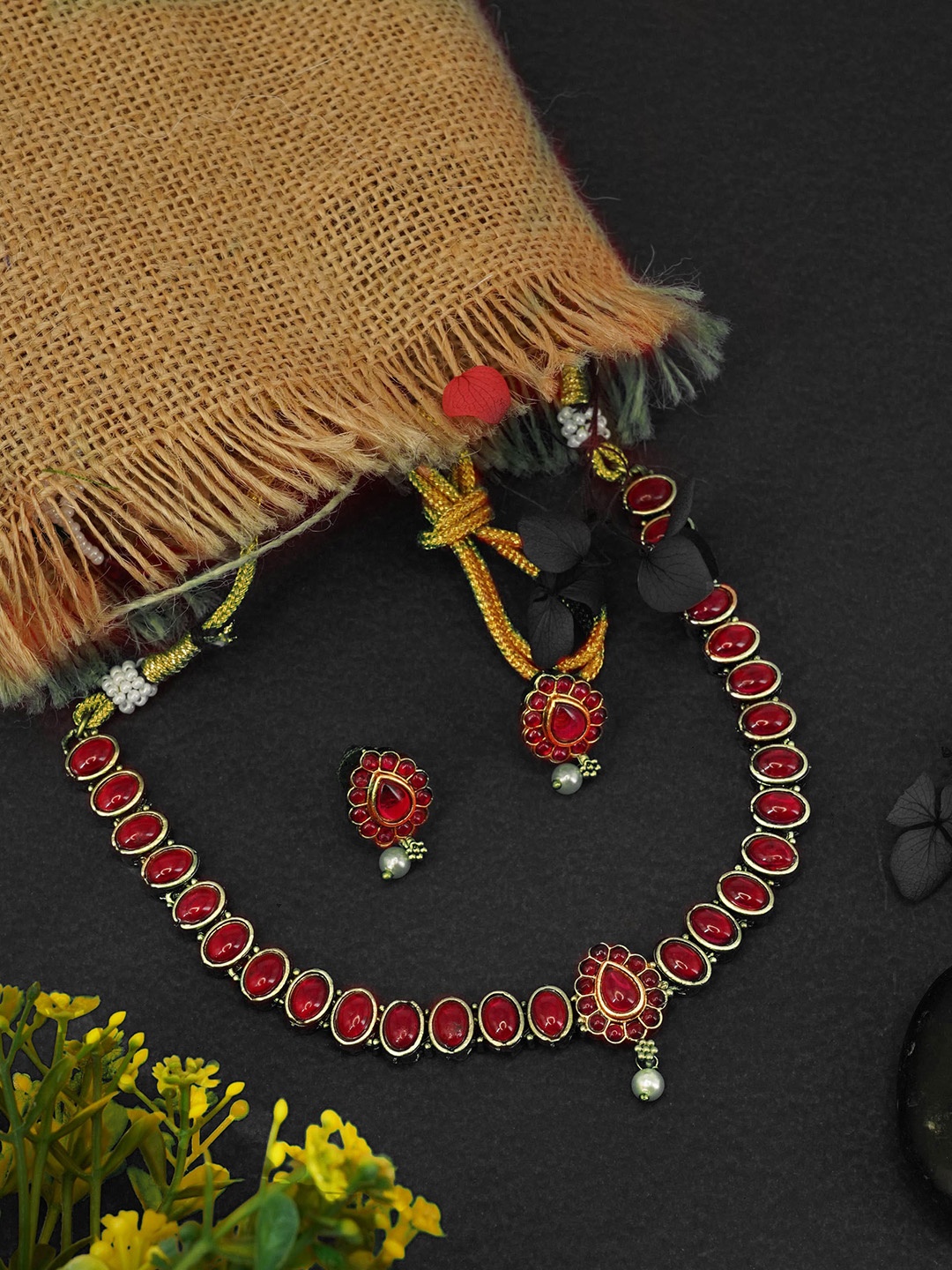 

GRIIHAM Gold-Plated AD Stone-Studded & Pearl Beaded Jewellery Set
