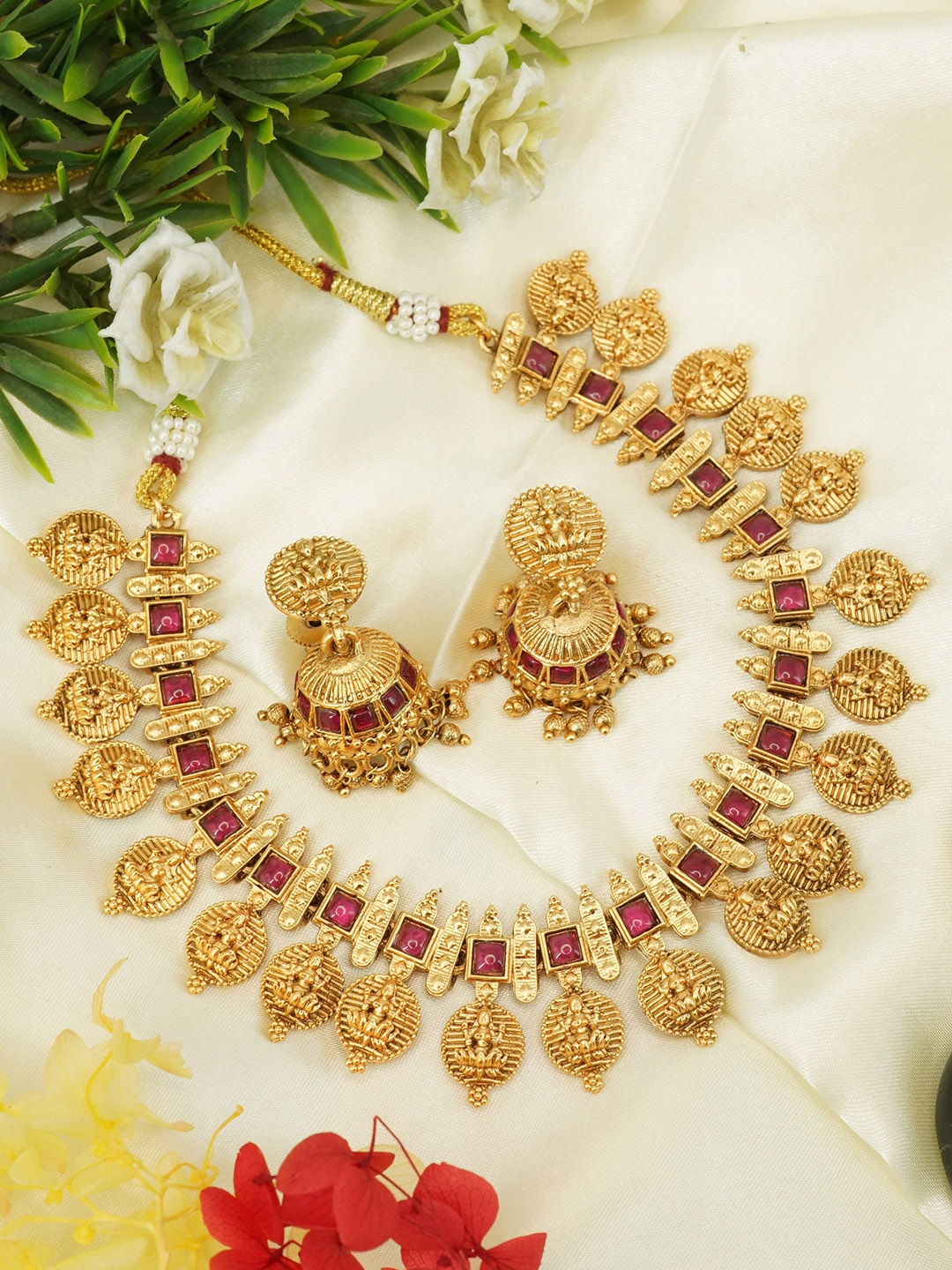 

GRIIHAM Elegant Gold-Plated AD Stone-Studded Goddess Lakshmi Jewellery Set