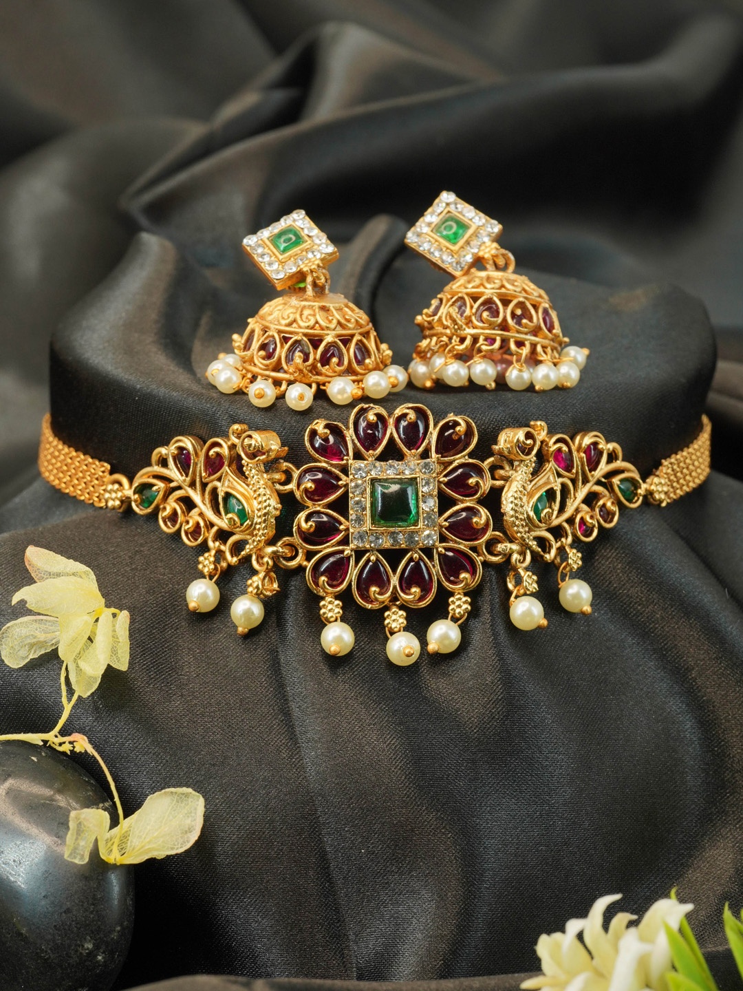 

GRIIHAM Gold-Plated AD Studded & Beaded Jewellery Set