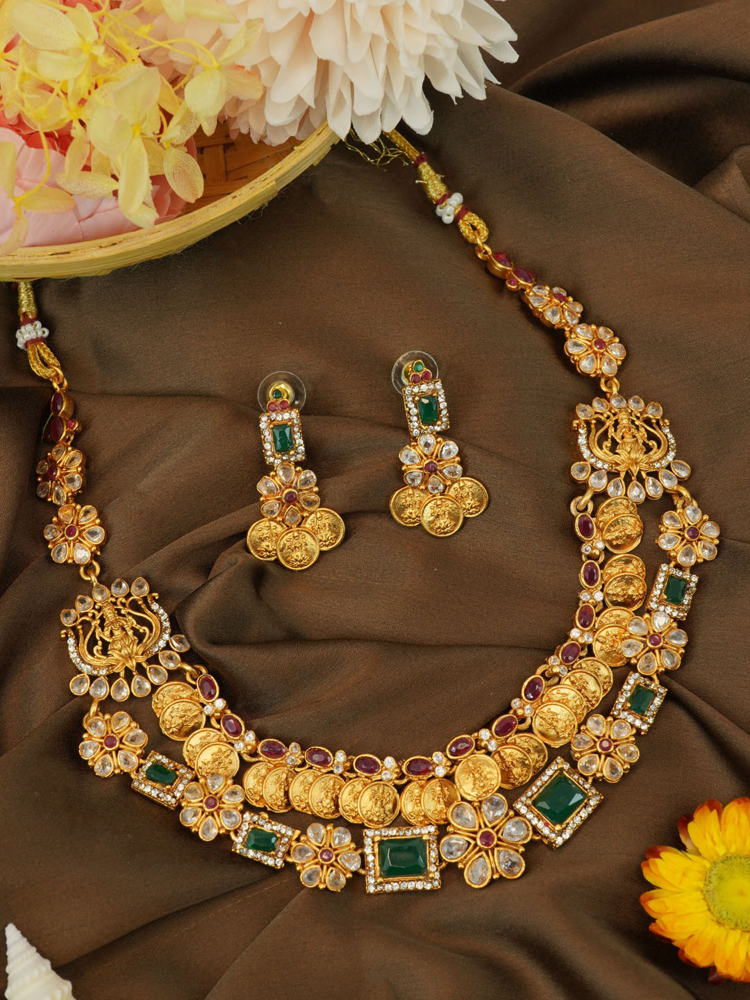 

GRIIHAM Gold-Plated Temple Design American Diamond-Studded Jewellery Set