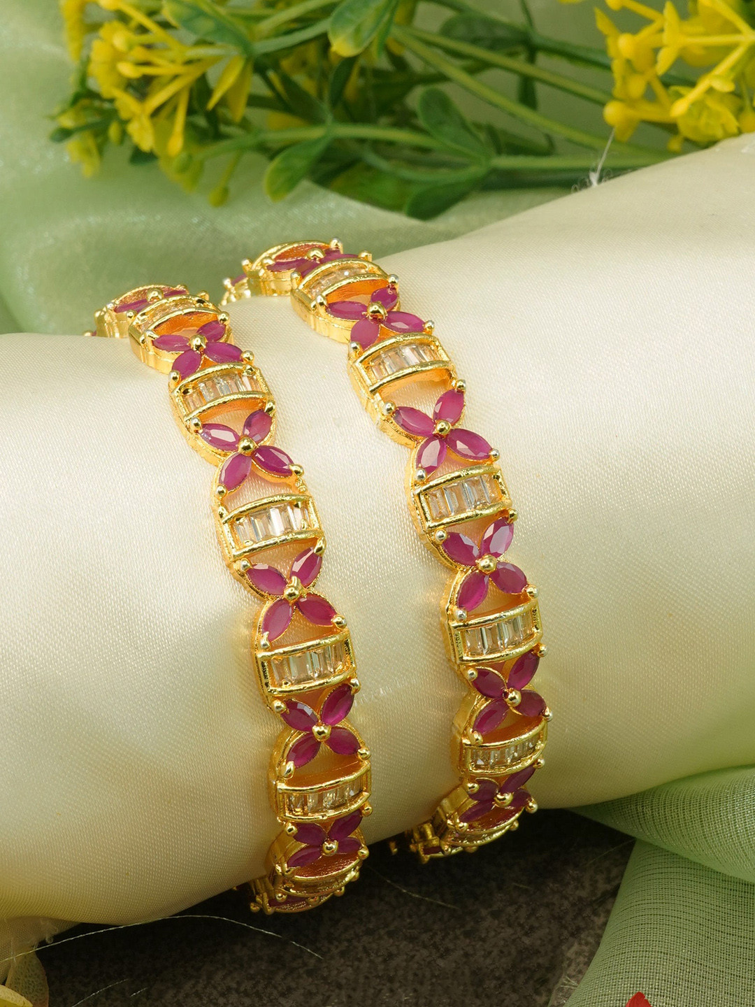 

GRIIHAM Designer Set Of 2 Gold-Plated CZ-Studded Bangles