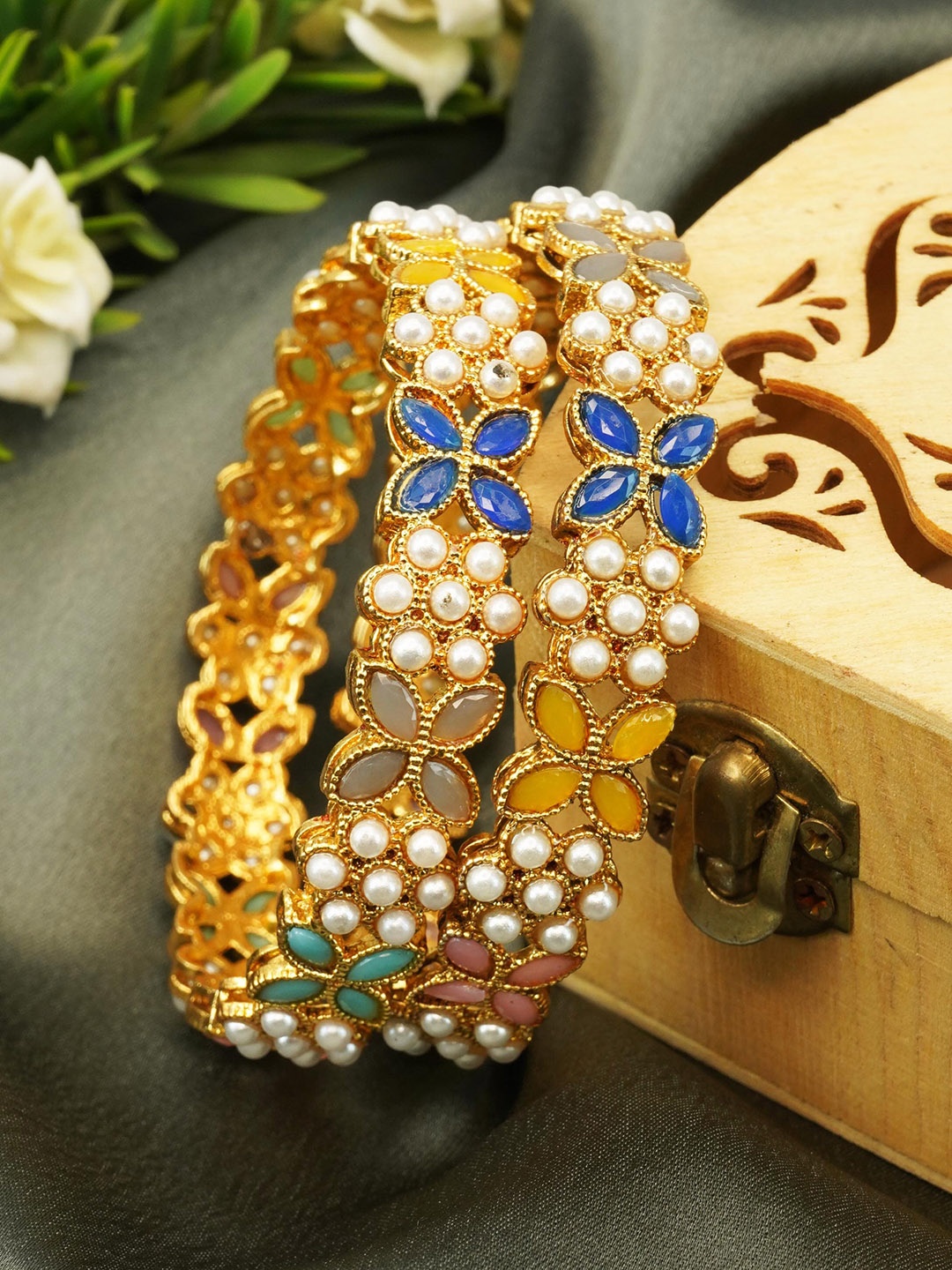 

GRIIHAM Set Of 2 Gold-Plated AD & Pearls Studded & Beaded Bangle
