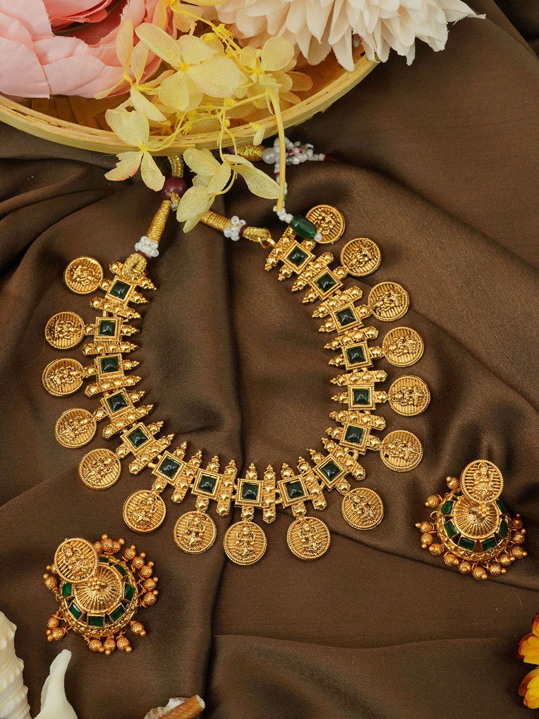 

GRIIHAM Gold-Plated & Crystal-Studded Temple Jewellery Set