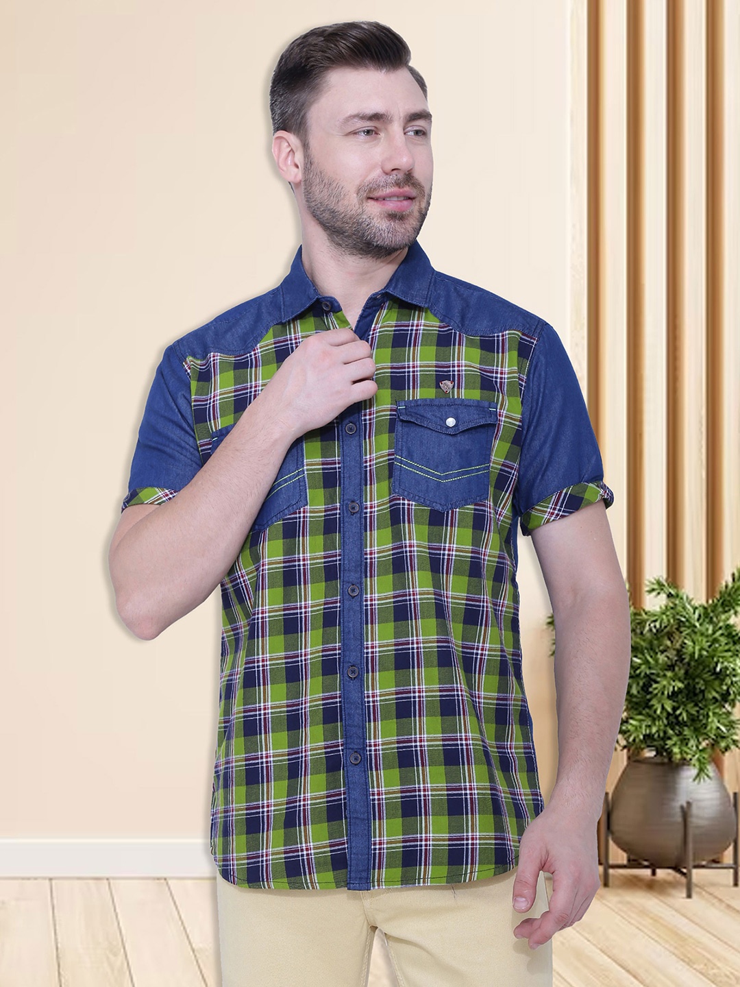 

Kuons Avenue Men Cotton Smart Slim Fit Checked Casual Shirt, Green