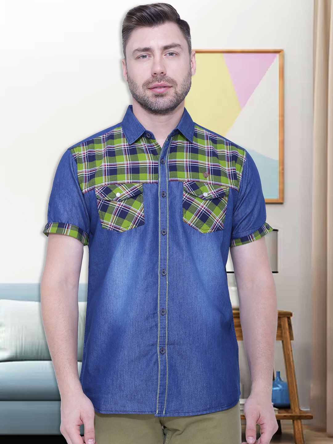 

Kuons Avenue Men Cotton Smart Slim Fit Checked Casual Shirt, Blue
