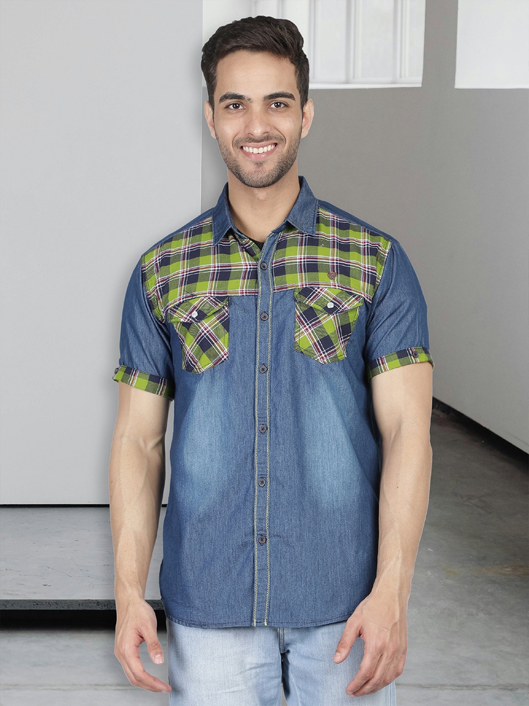 

Kuons Avenue Men Checked Cotton Smart Slim Fit Casual Shirt, Blue
