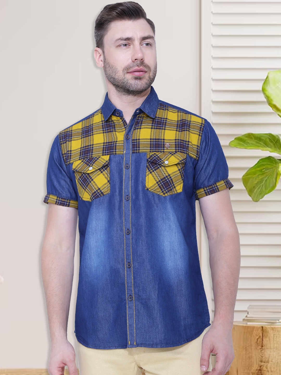 

Kuons Avenue Men Checked Cotton Smart Slim Fit Casual Shirt, Blue