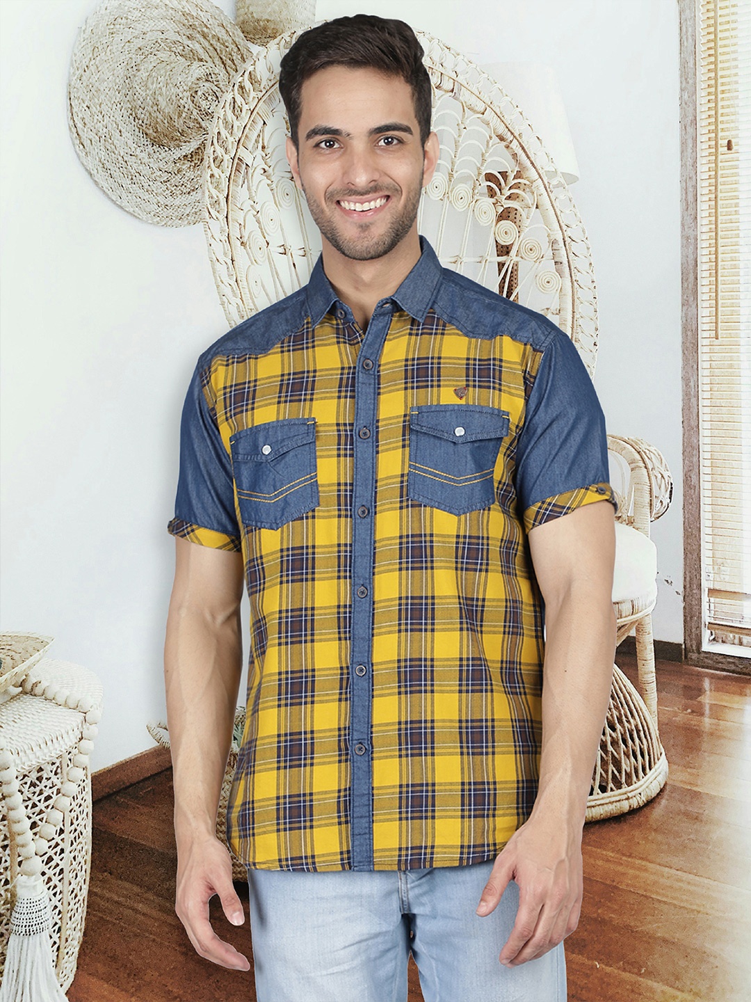 

Kuons Avenue Men Checked Cotton Smart Slim Fit Casual Shirt, Yellow