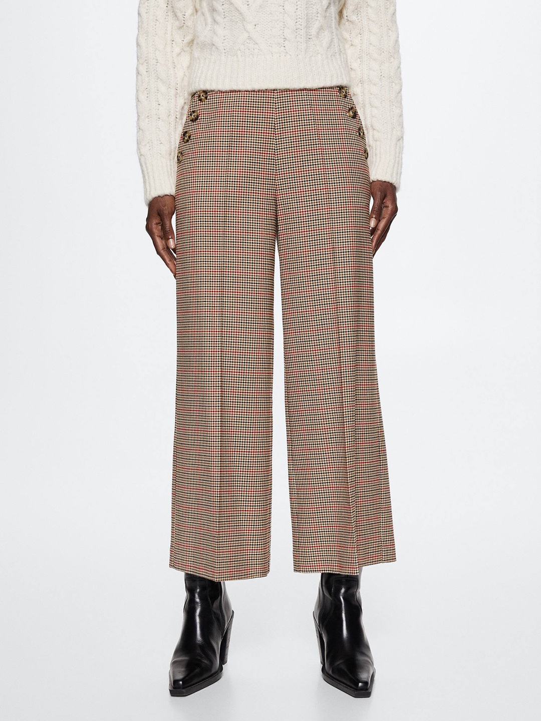 

MANGO Women Houndstooth Button Detailed RegularParallel Trousers, Beige