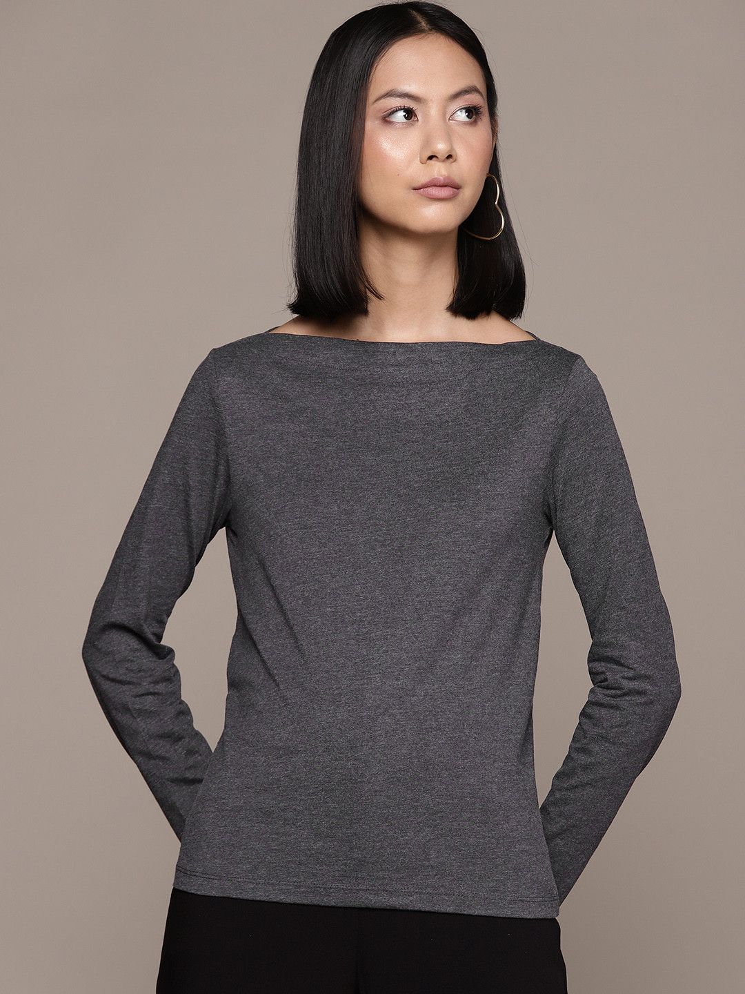 

MANGO Women Pure Cotton Boat Neck T-shirt, Charcoal