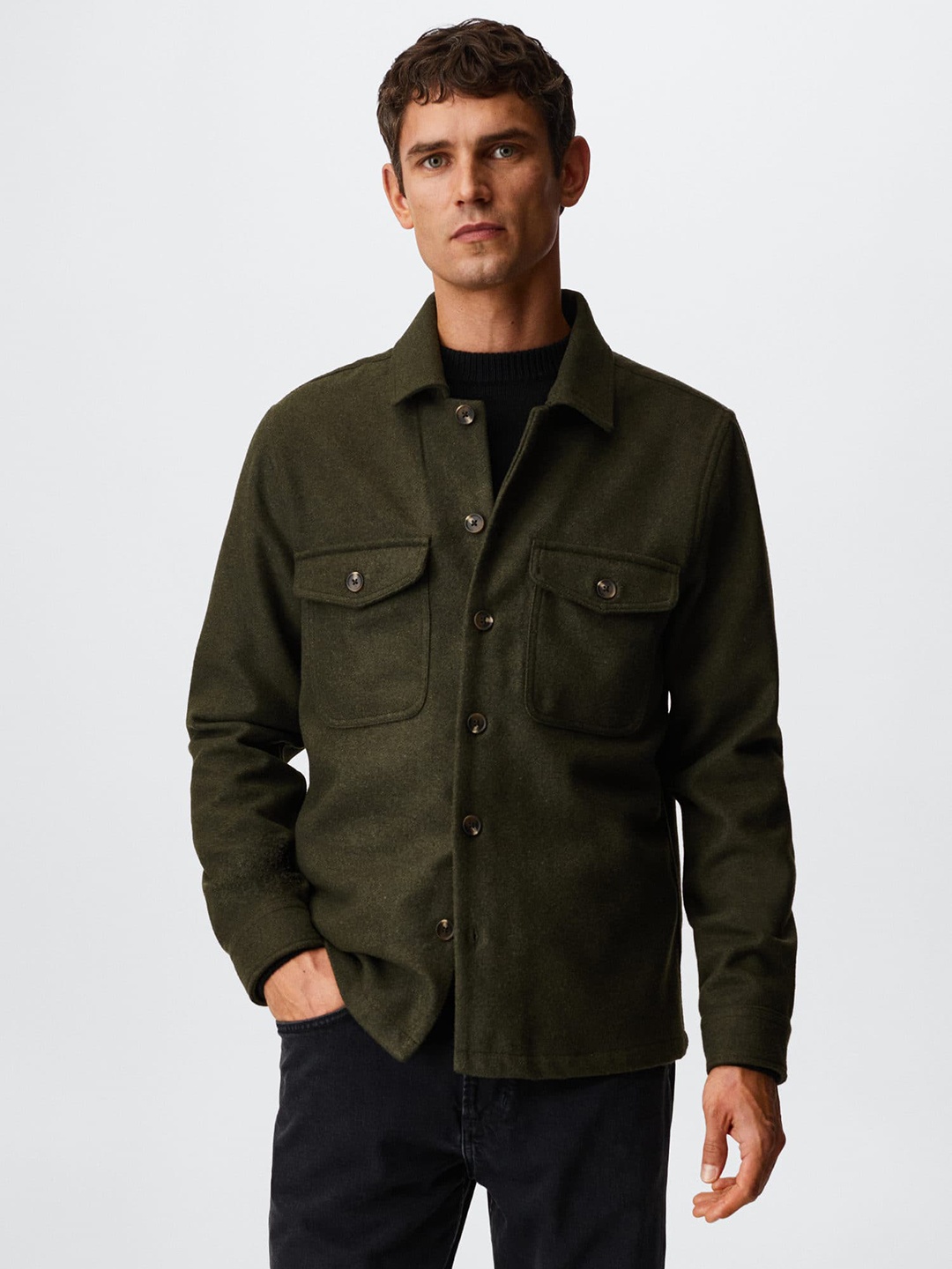 

MANGO MAN Solid Casual Shacket, Olive