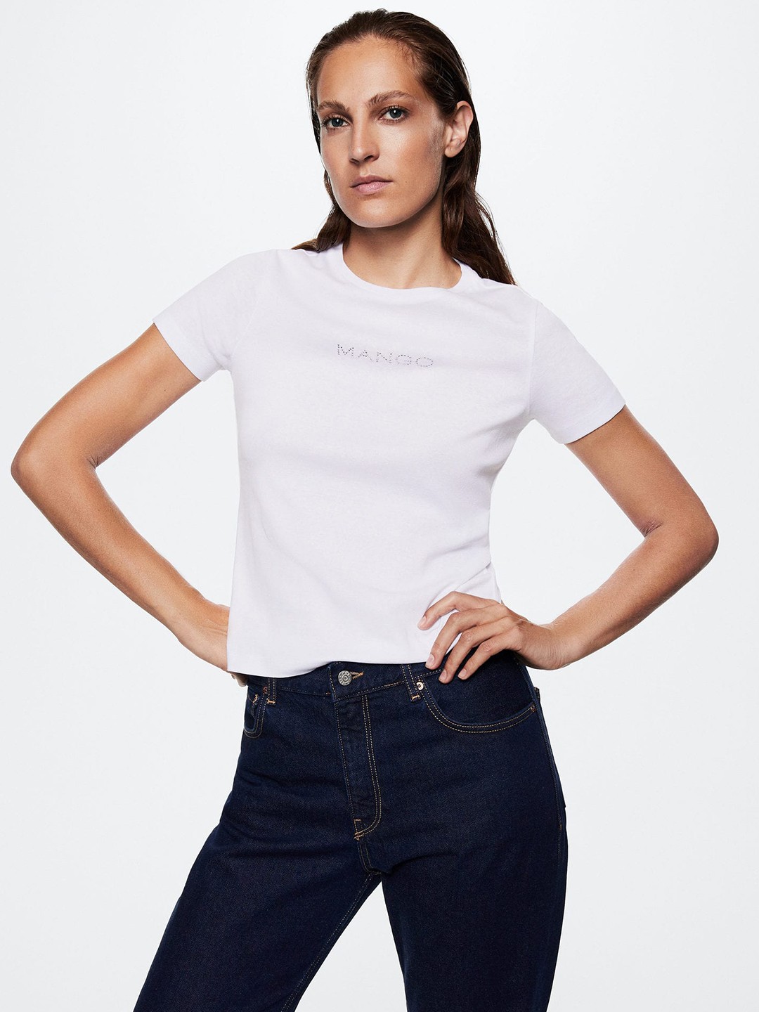 

MANGO Women Brand Logo Printed Pure Cotton T-shirt, White