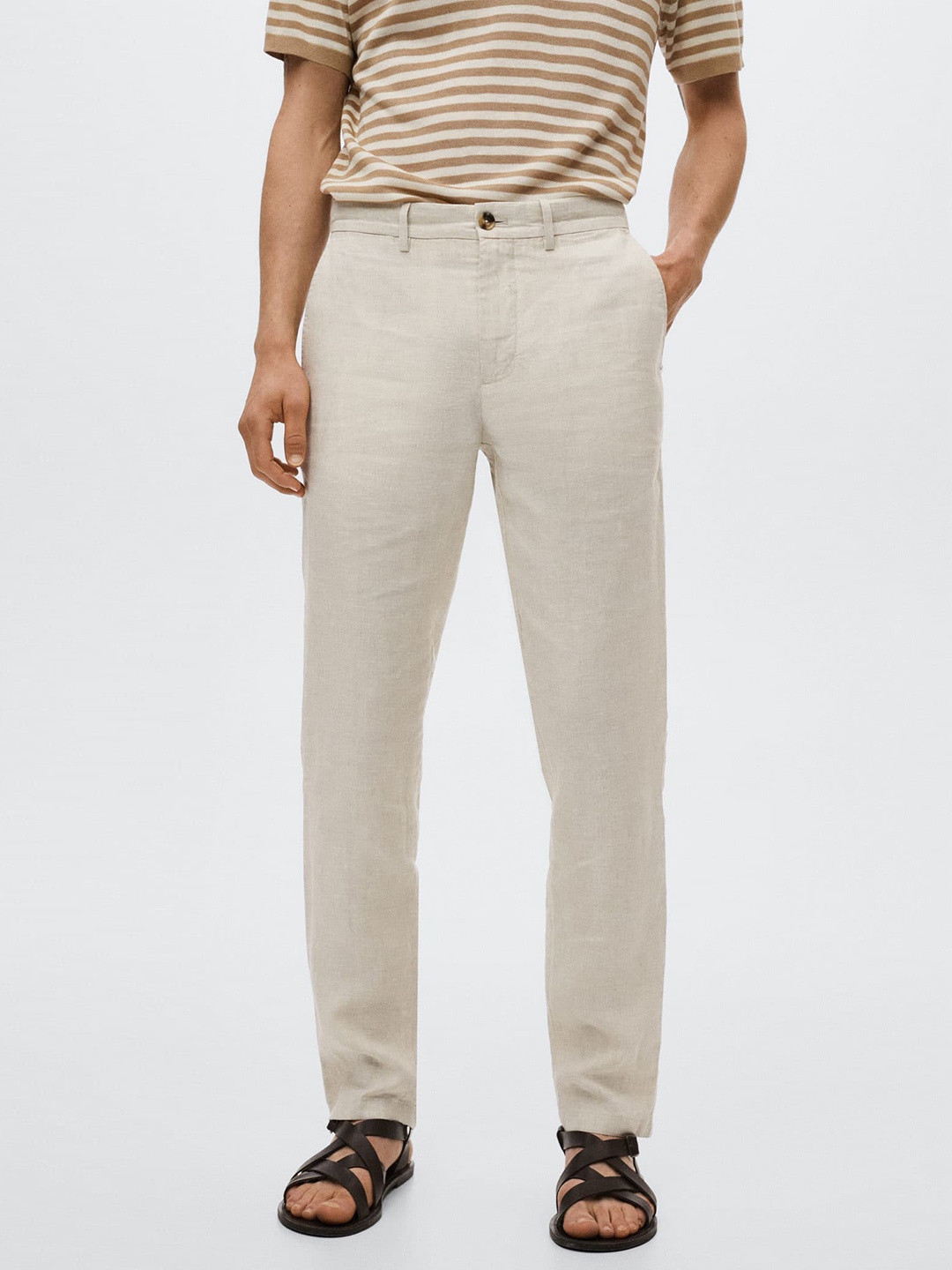 

MANGO MAN Solid Linen Trousers, Beige