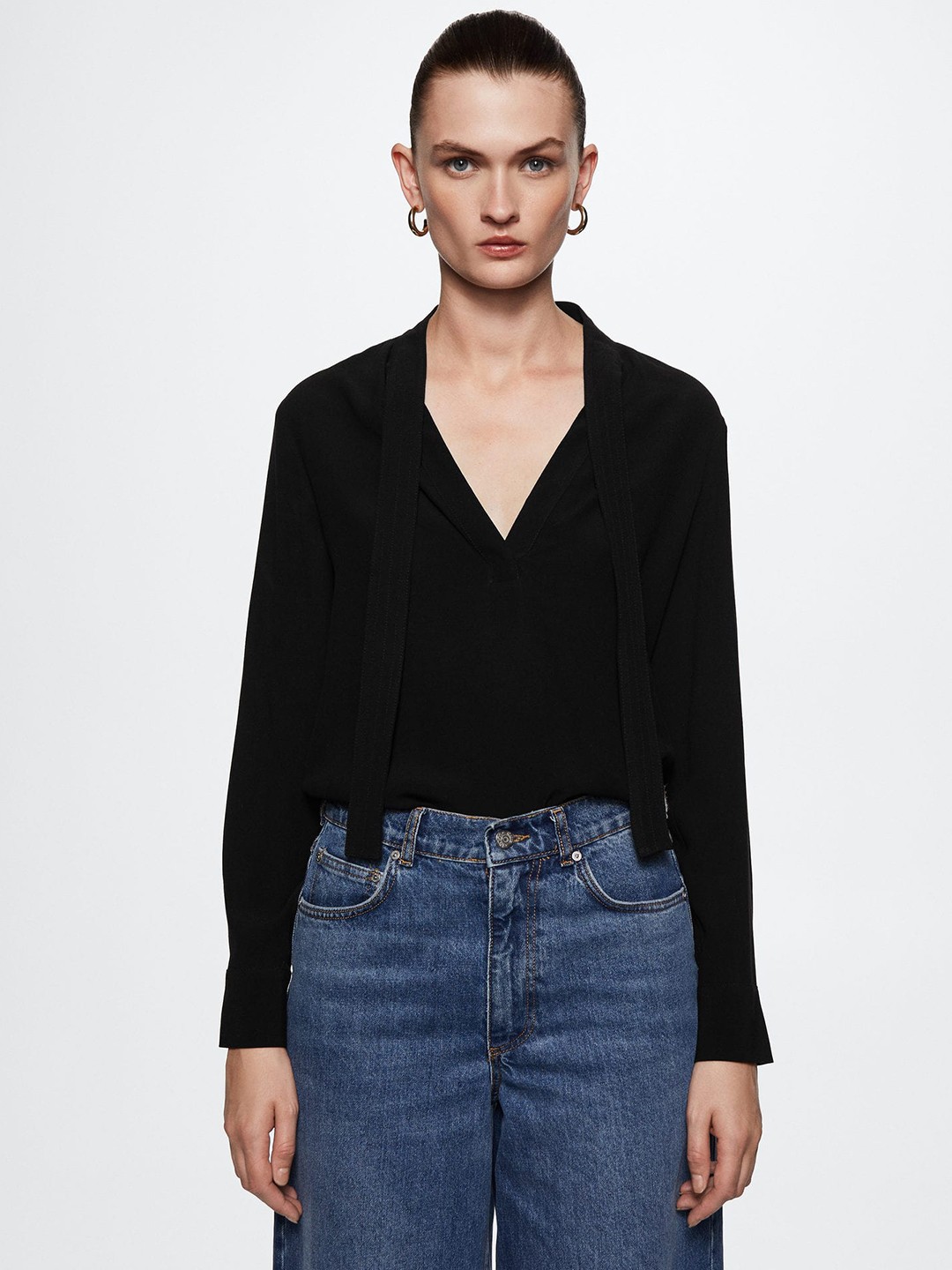 

MANGO Tie-Up Neck Top, Black