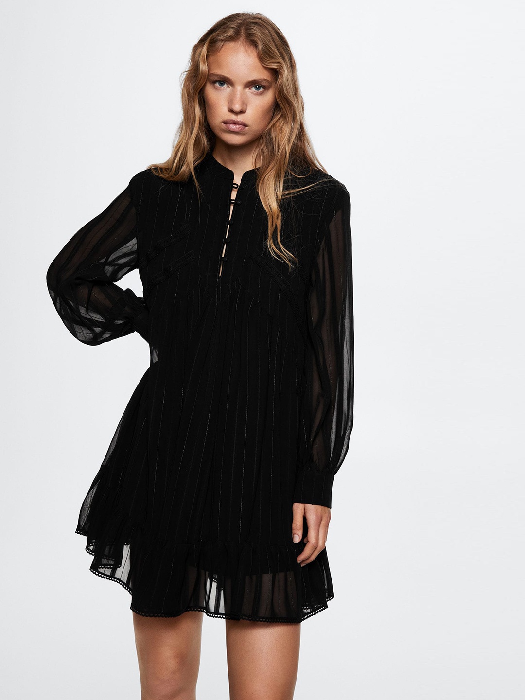 

MANGO Self Striped A-Line Mini Dress, Black