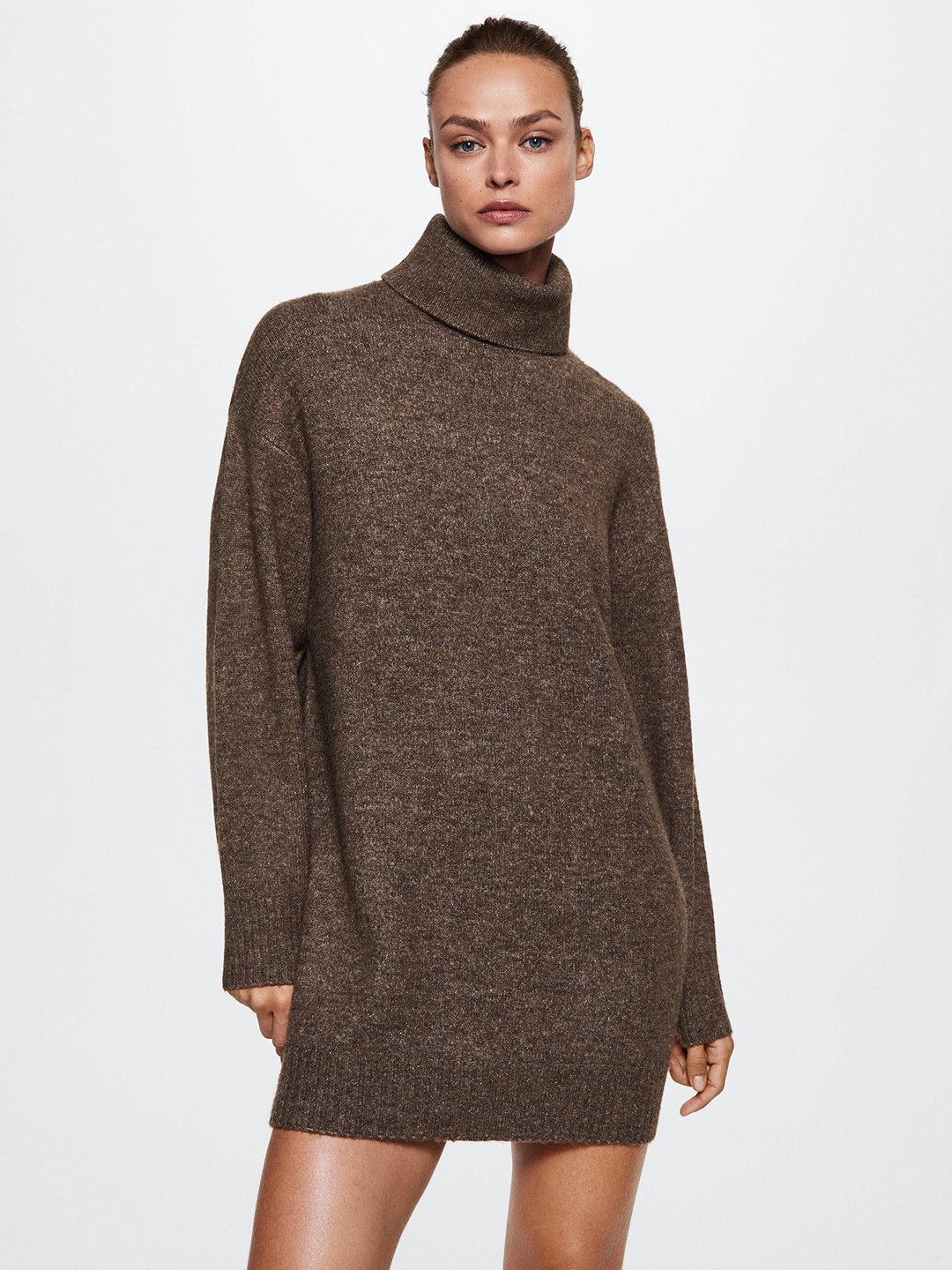 

MANGO Turtle Neck Mini Sustainable Sweater Dress, Brown