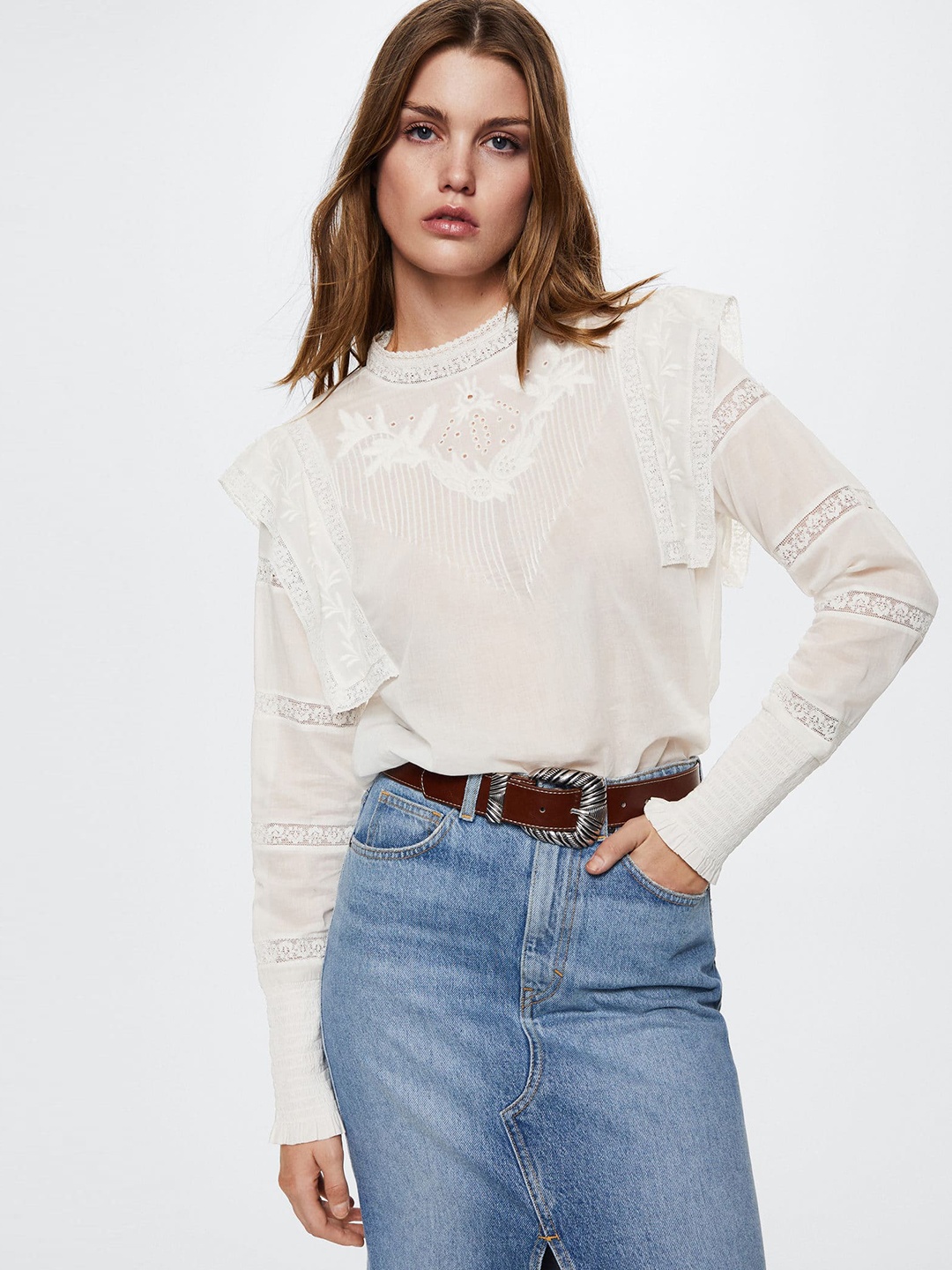 

MANGO Mandarin Collar Lace Insert Detail Pure Cotton Sustainable Top, White