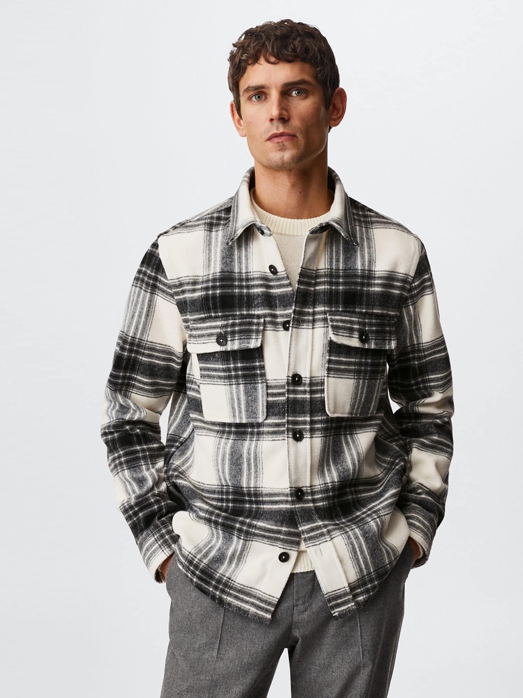 

MANGO MAN Checked Flannel Casual Shacket, Black