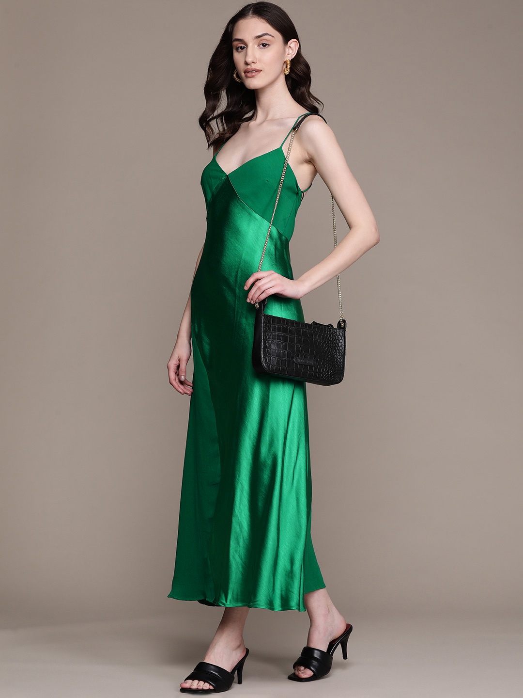 

MANGO Satin Panel Sustainable A-Line Midi Dress, Green