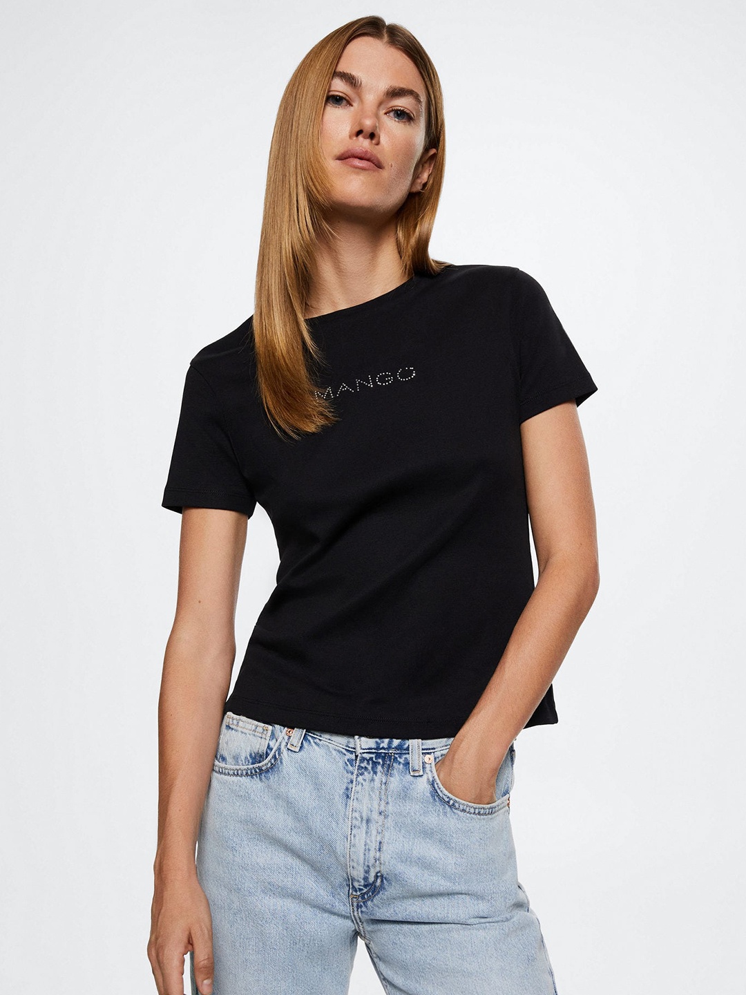 

MANGO Women Brand Logo Printed Sustainable Pure Cotton T-shirt, Black