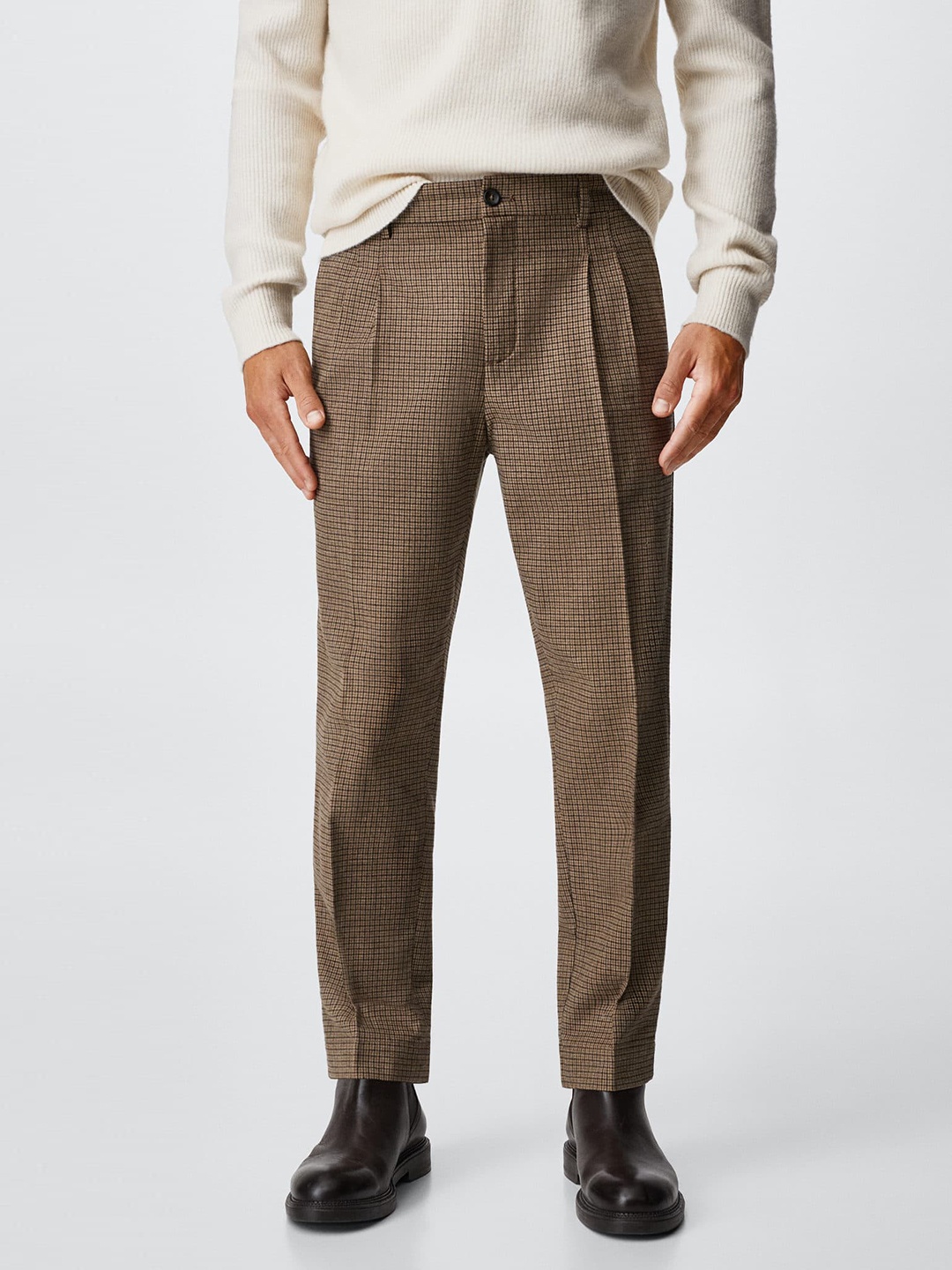 

MANGO MAN Checked Pleated RegularTrousers, Brown