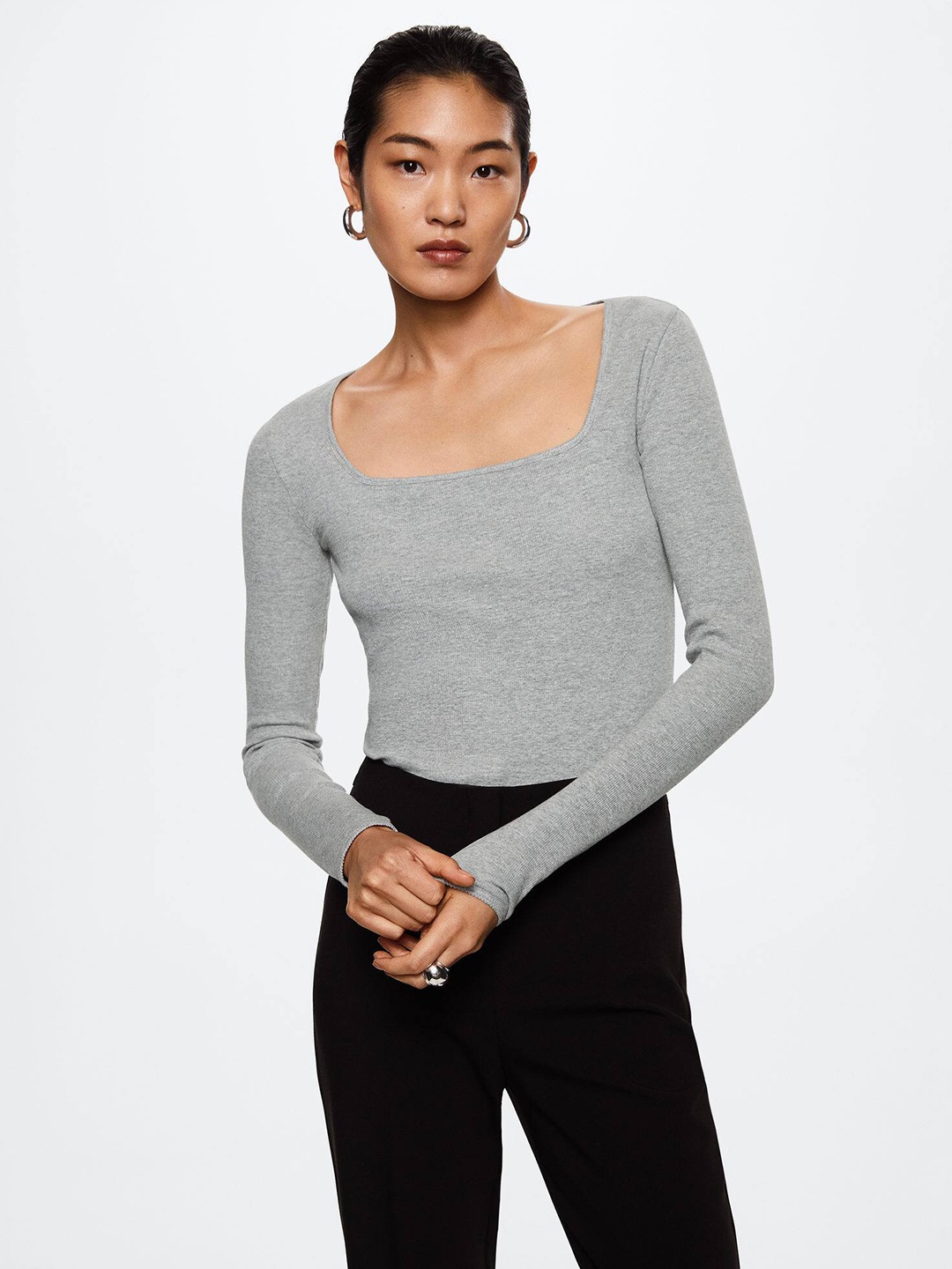 

MANGO Ribbed Square Neck T-shirt, Grey