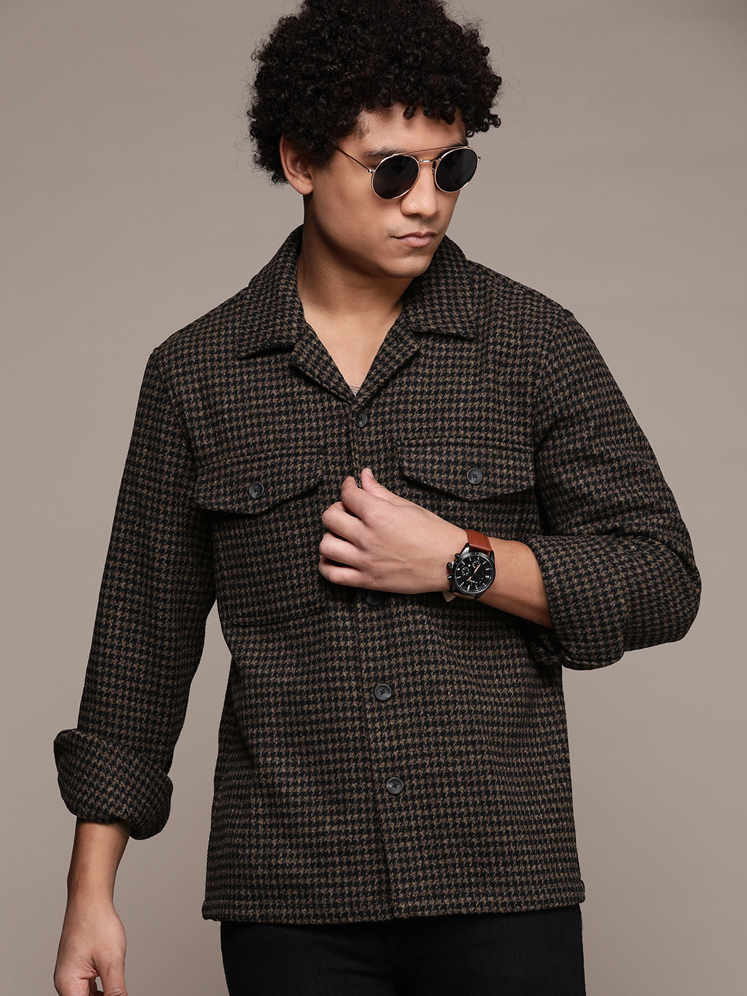 

MANGO MAN Men Houndstooth Oversized Shacket, Brown