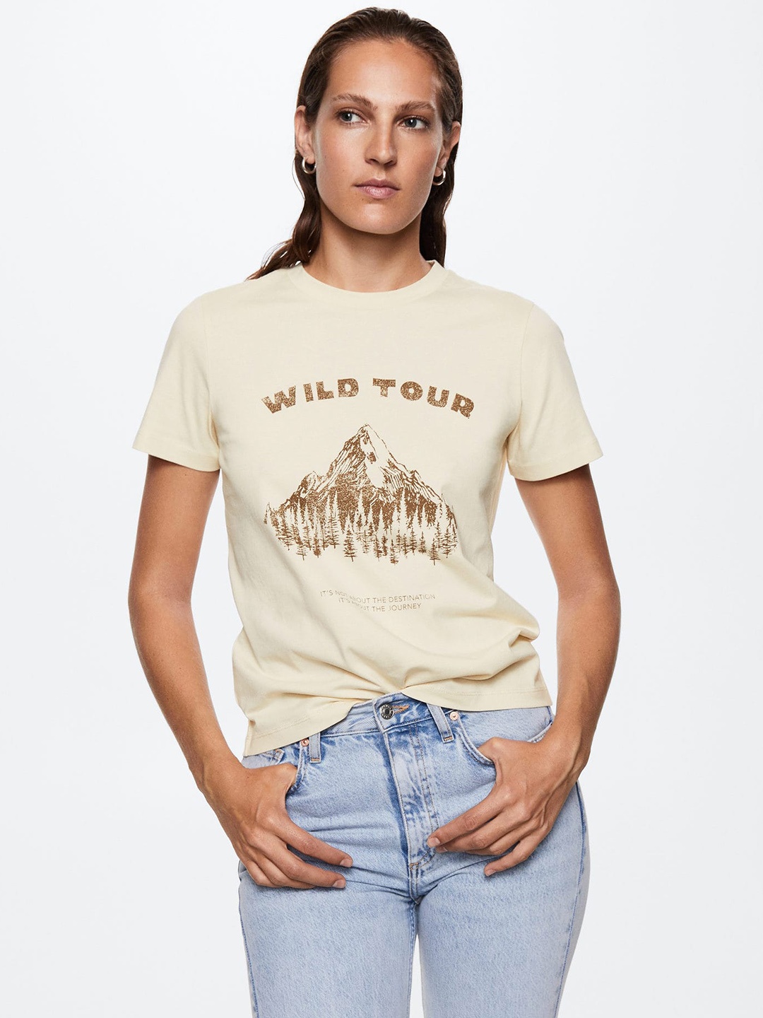 

MANGO Women Printed Pure Cotton T-shirt, Beige