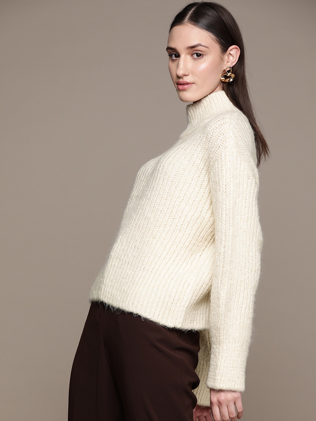 

MANGO Ribbed Turtle Neck Pullover, Off white