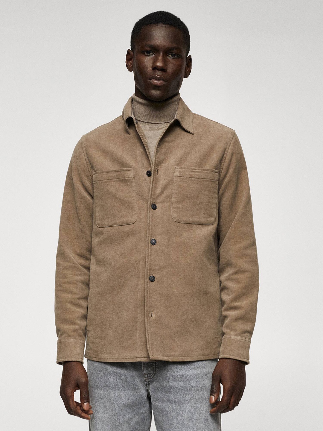 

MANGO MAN Solid Pure Cotton Casual Shacket, Brown
