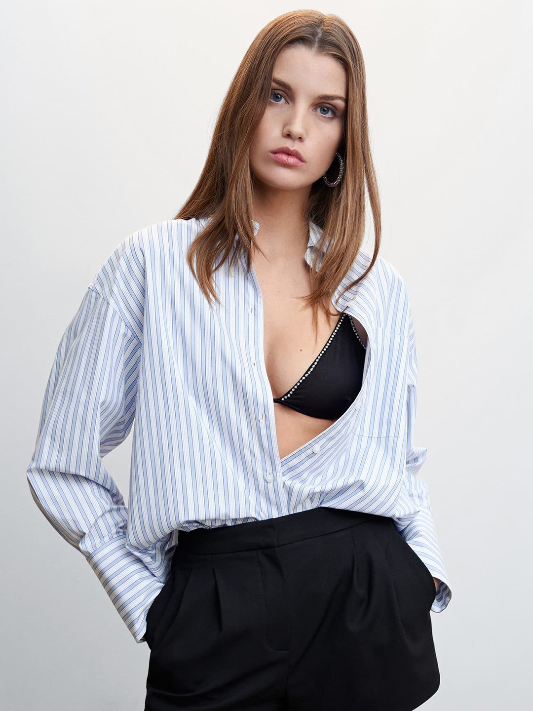 

CAMILLE X MANGO Women Striped Pure Cotton Casual Shirt, Blue