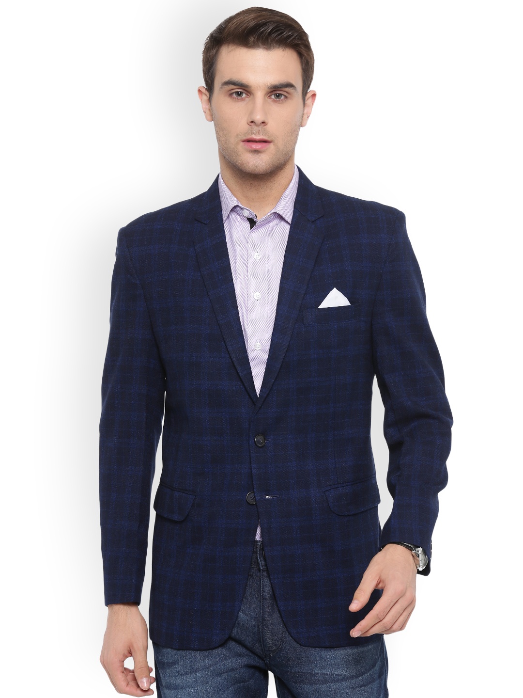 

Shaftesbury London Navy Blue Checked Regular Fit Single-Breasted Formal Blazer