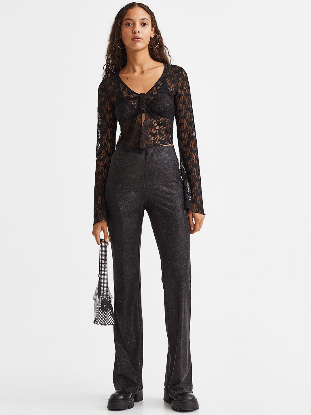 

H&M Women Glittery Flared Leggings, Black