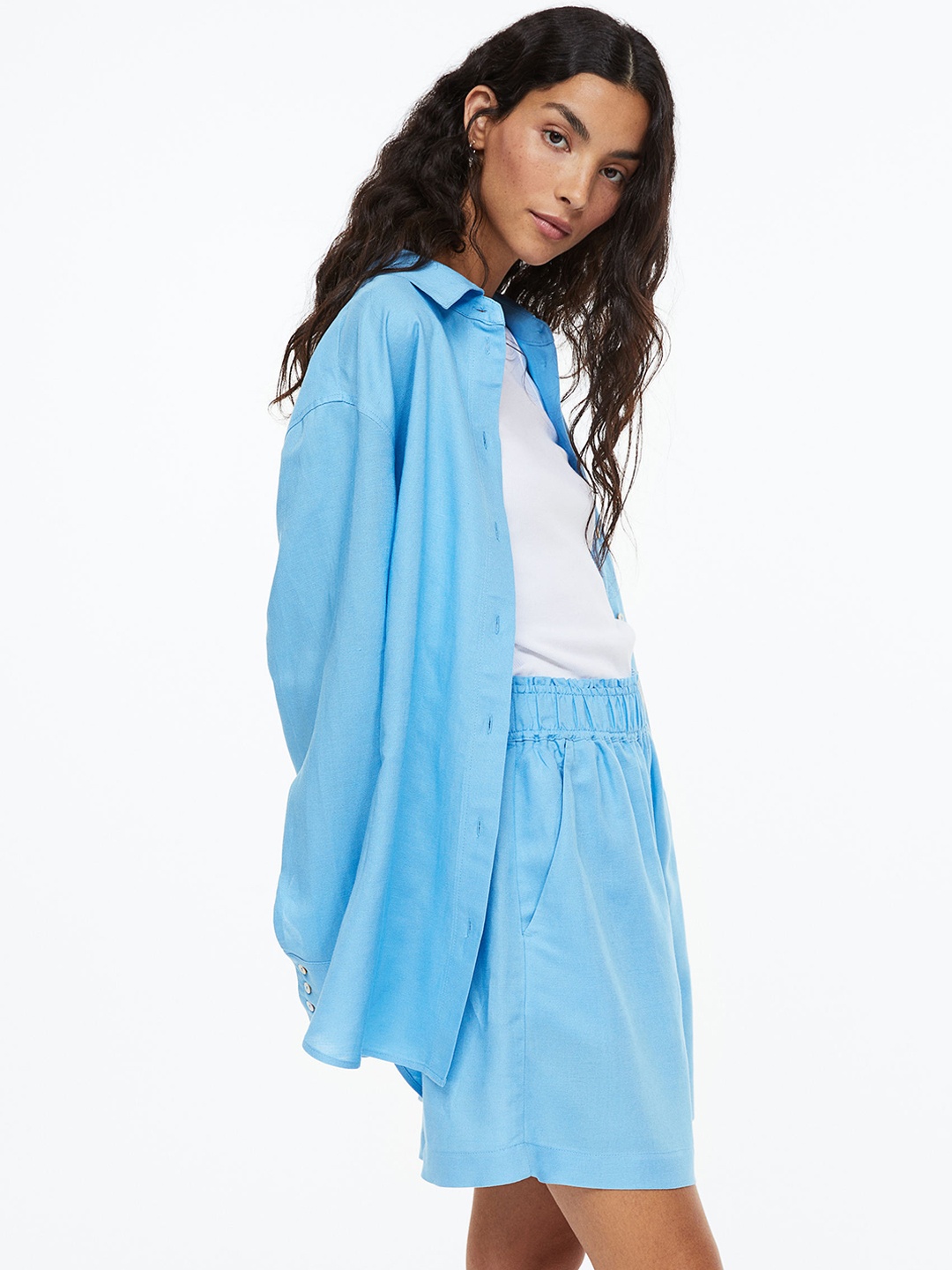 

H&M Women Linen-Blend Pull-On Shorts, Blue