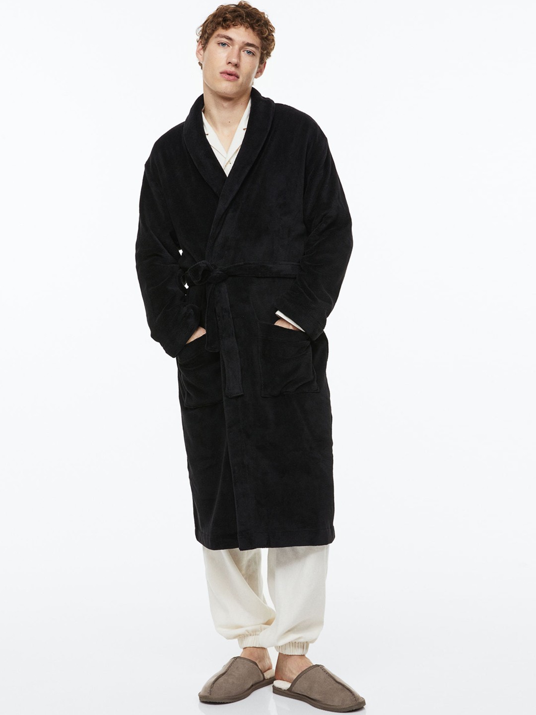 

H&M Men Fleece Dressing Gown, Black