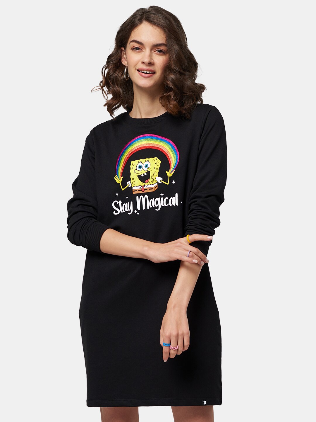 

The Souled Store SpongeBob Printed Long Sleeves T-shirt Dress, Black