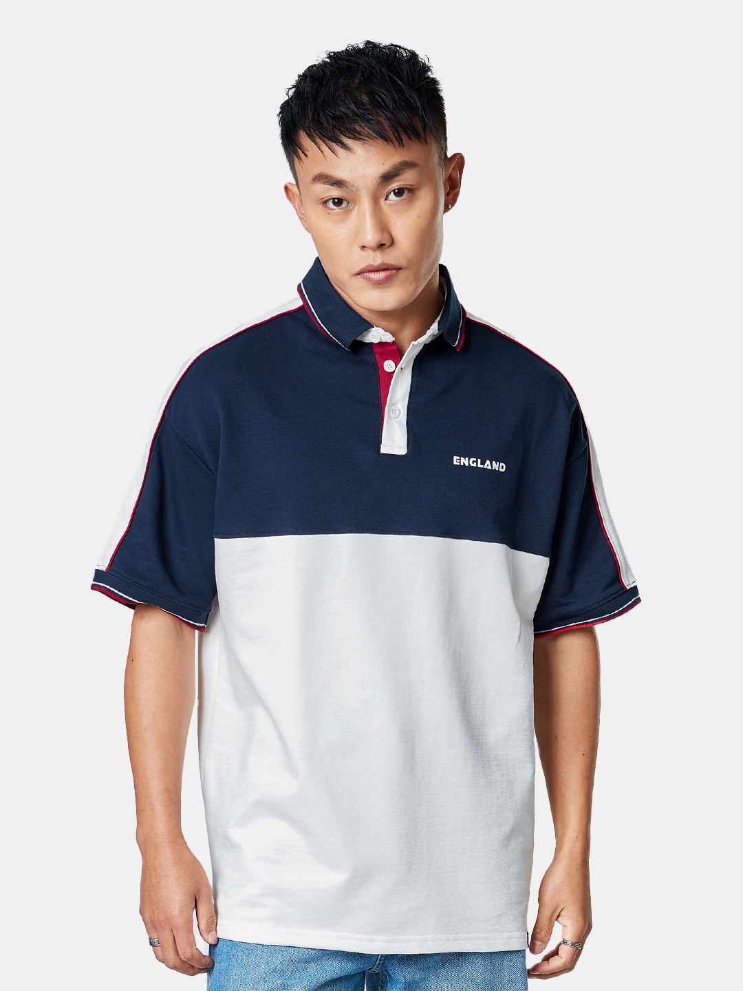 

The Souled Store Men Colourblocked Cotton Polo Collar Loose T-shirt, Blue