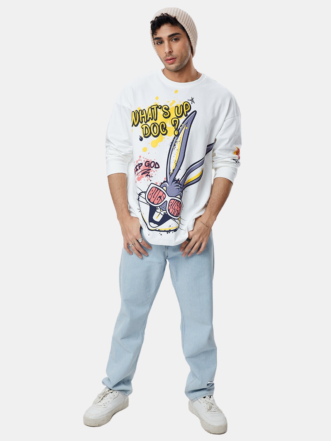 The Souled Store Men Looney Tunes What's Up Doc Print Oversized T-Shirt, White