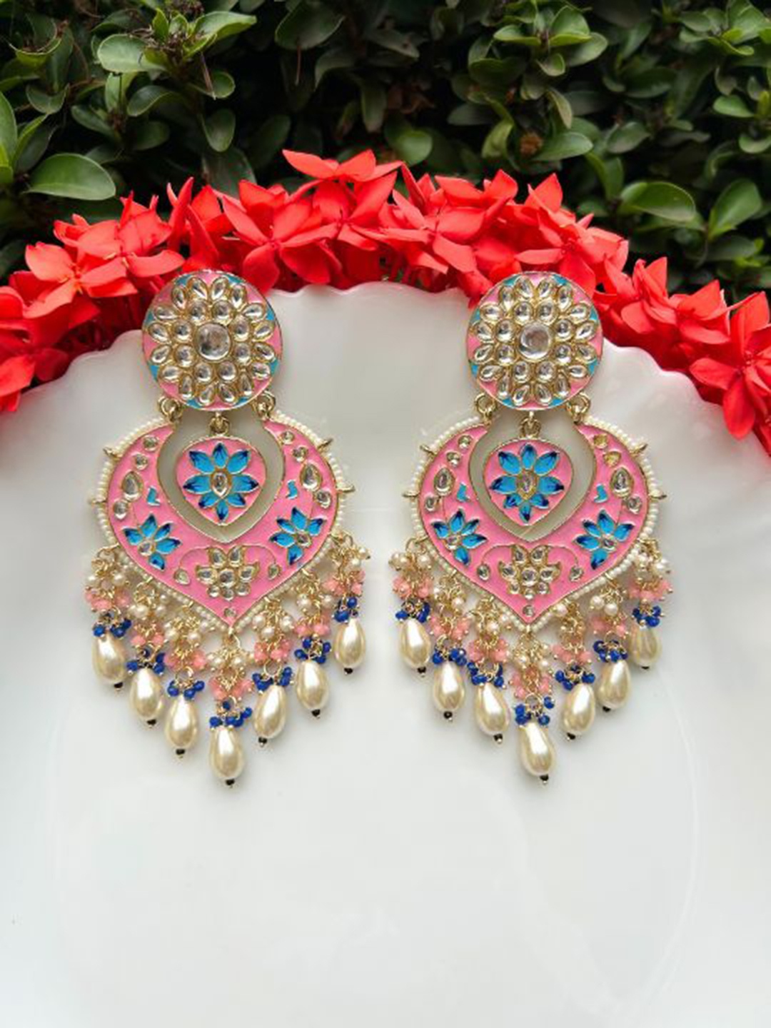 

LAIDA Gold Plated Contemporary Chandbalis Earrings, Pink