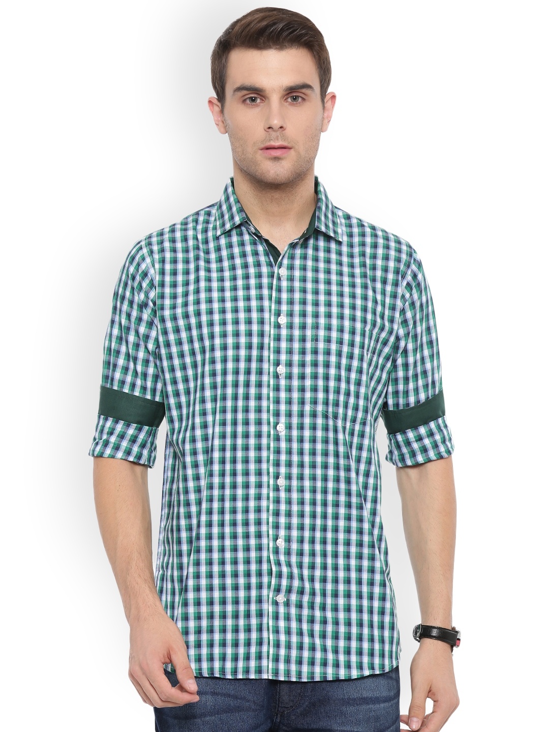 

Shaftesbury London Men Green & Black Slim Fit Checked Casual Shirt