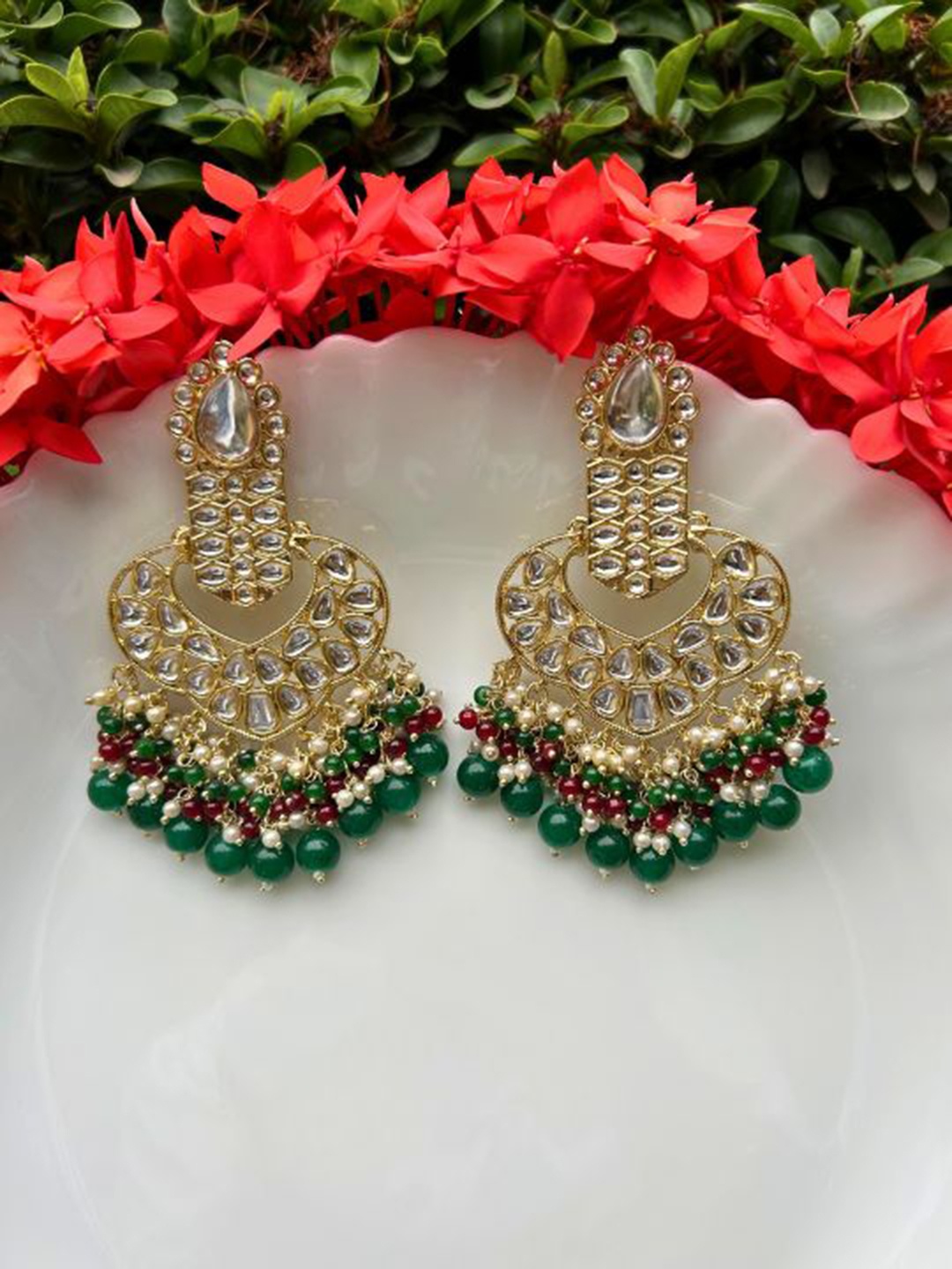 

LAIDA Gold Plated Classic Chandbalis Earrings, Green