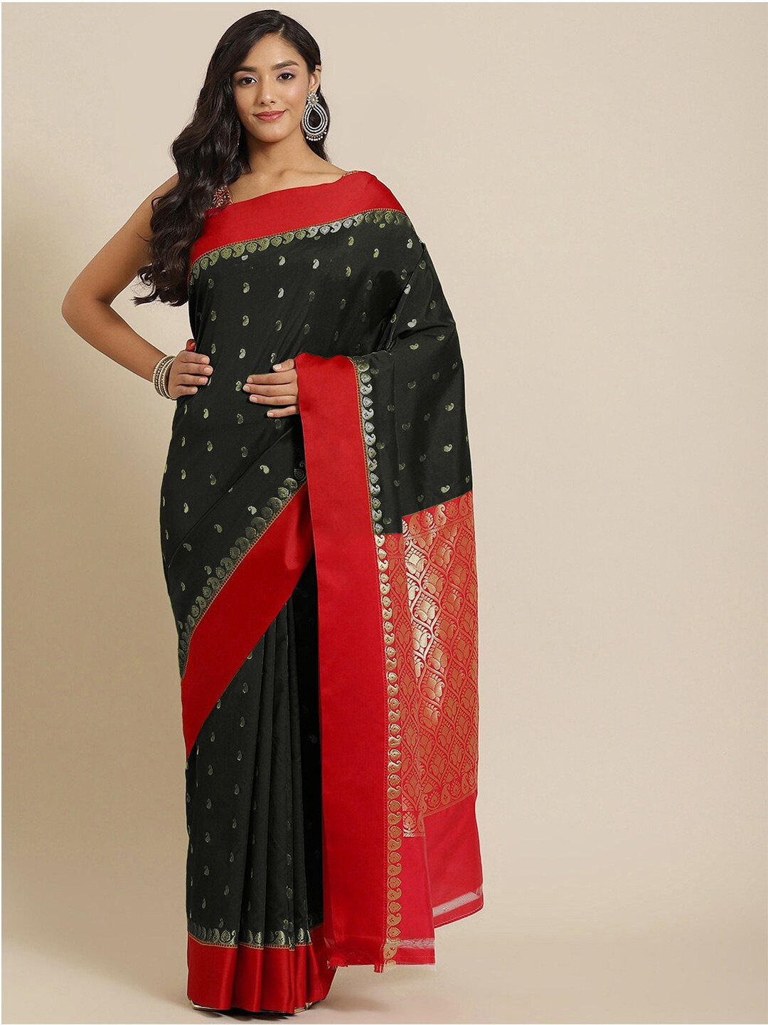 

Chhabra 555 Paisley Zari Silk Blend Gadwal Saree, Black