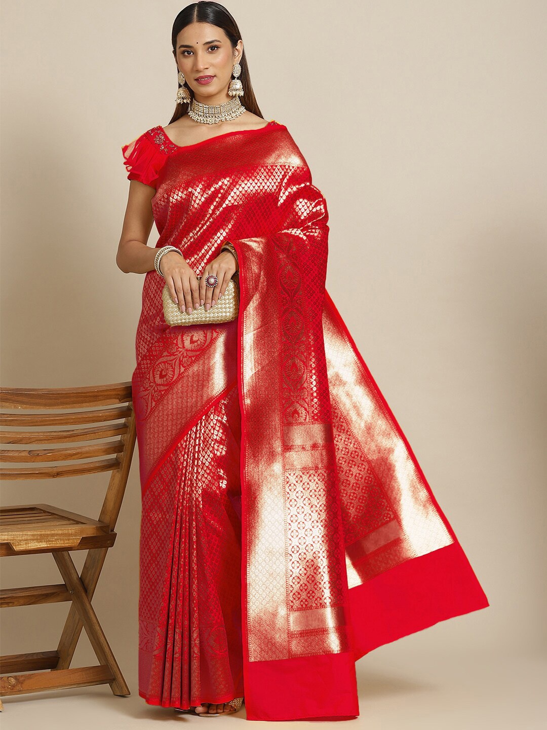 

Chhabra 555 Woven Design Zari Silk Blend Banarasi Saree, Red