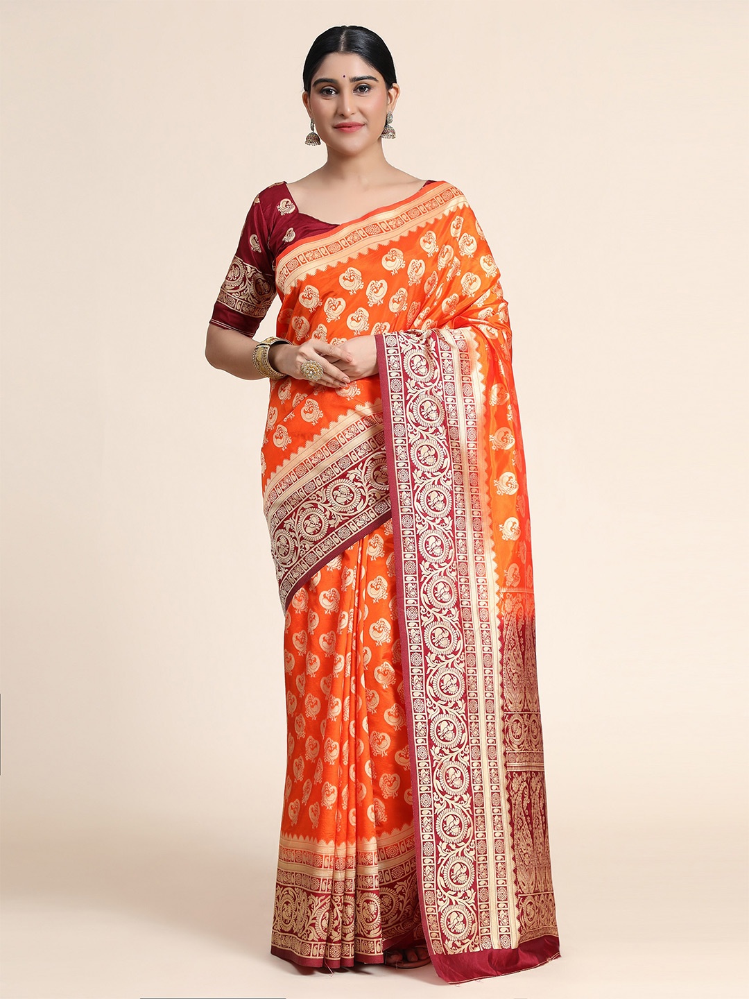 

SATYAM WEAVES Woven Design Zari Silk Cotton Banarasi Saree, Orange