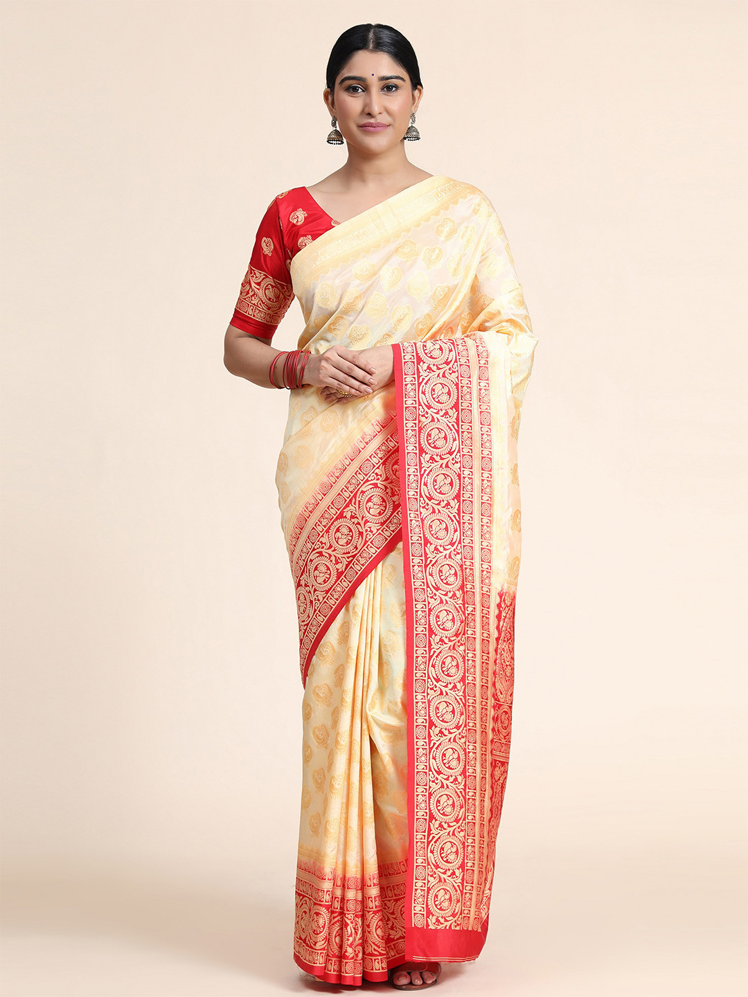 

SATYAM WEAVES Woven Design Zari Silk Cotton Banarasi Saree, Beige