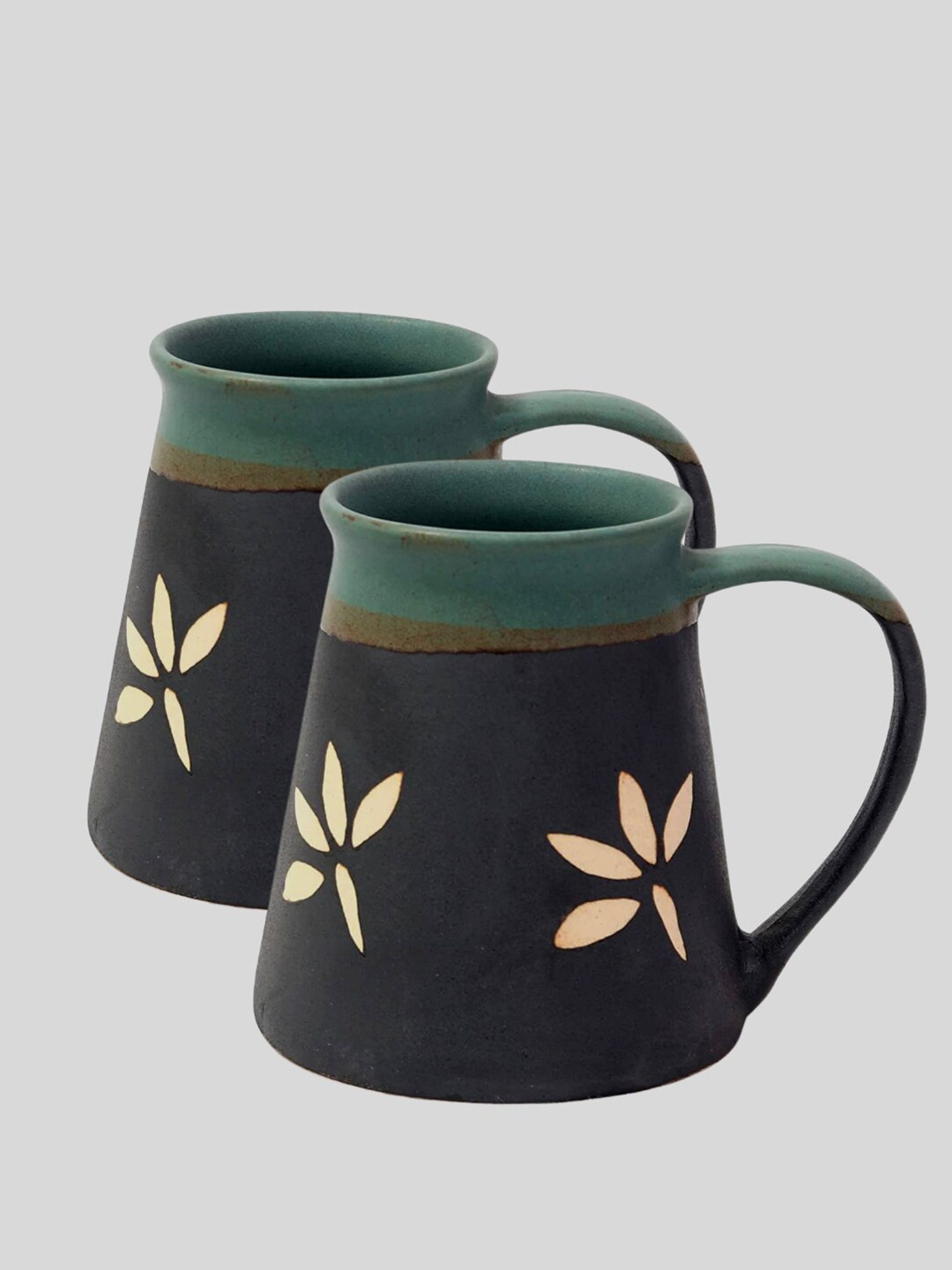 

JASMEY HOMES Black & Green Set of 2 Microwave-Safe Ceramic Matte Mugs 350 ML Each